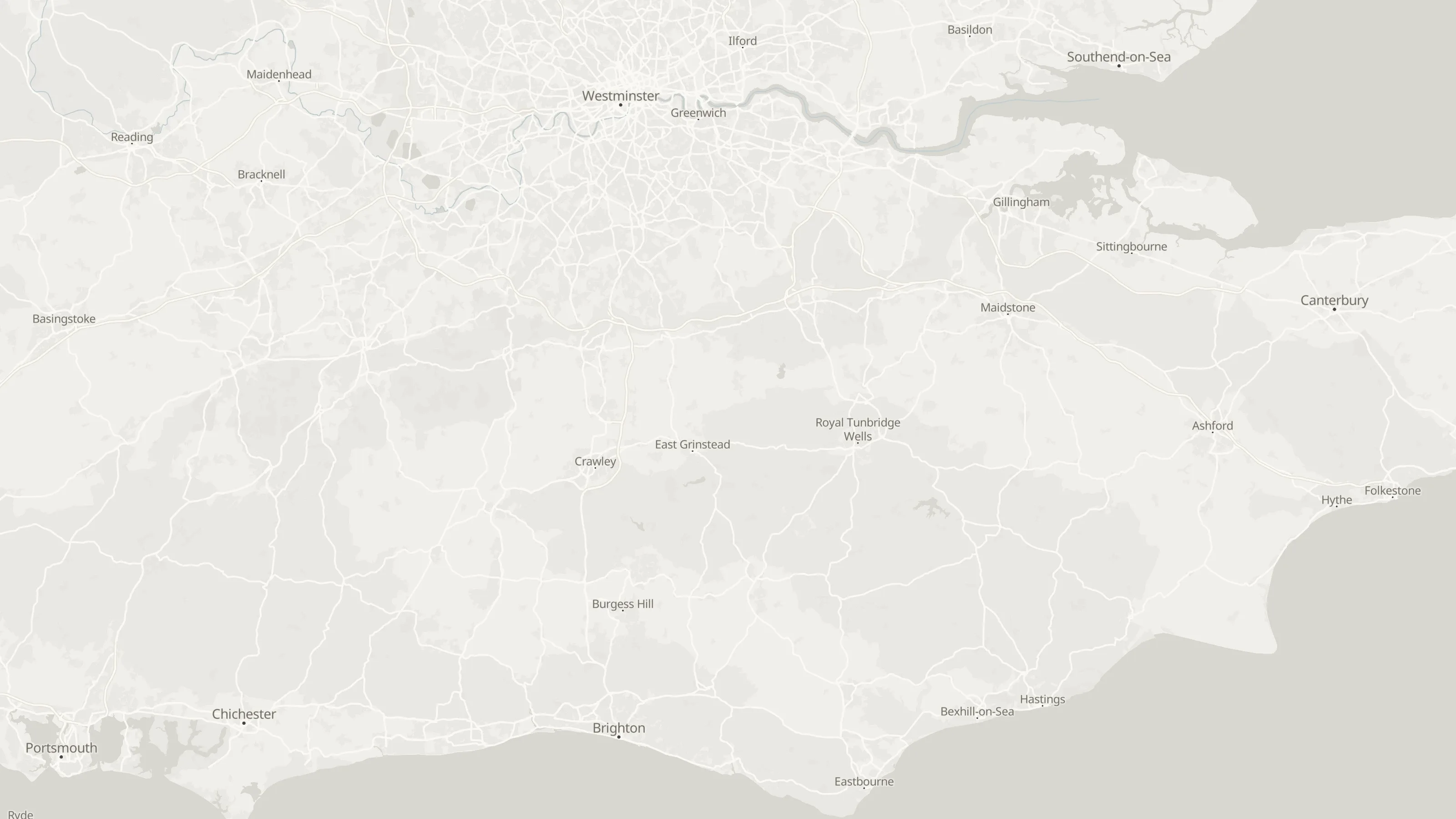 Map from Burgess Hill to the airports served, with simultaneous routed lines and labelled airport points