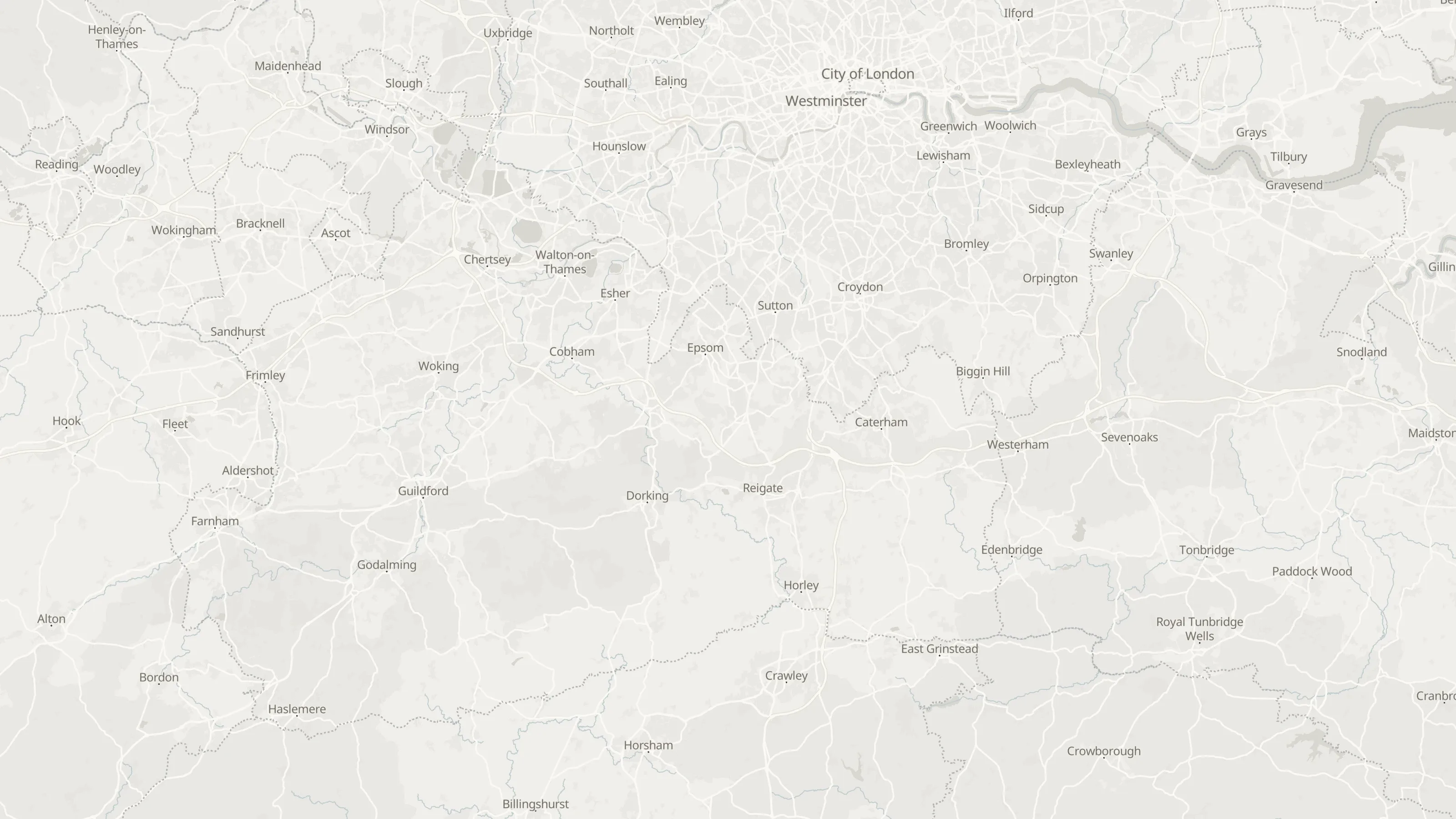 Map from Esher to the airports served, with simultaneous routed lines and labelled airport points