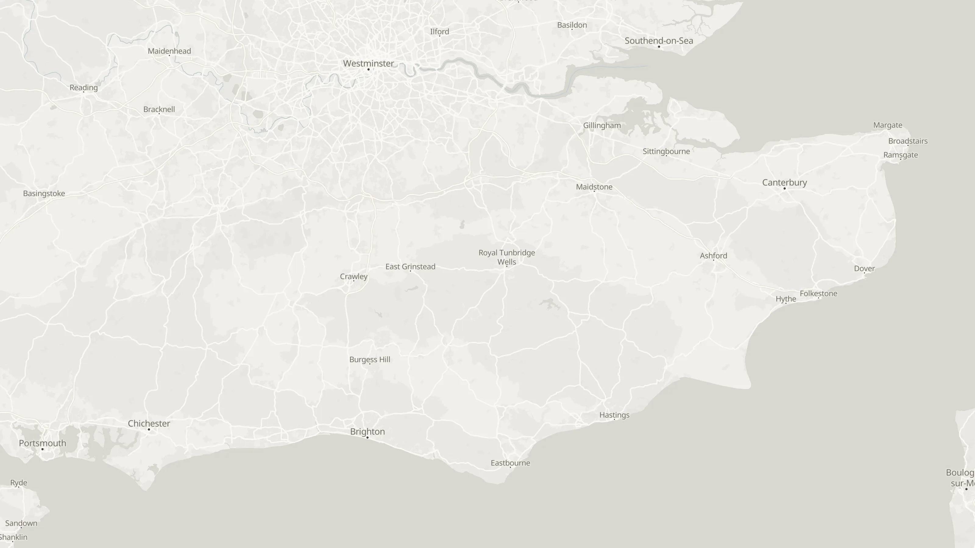 Map from Lewes to the airports served, with simultaneous routed lines and labelled airport points