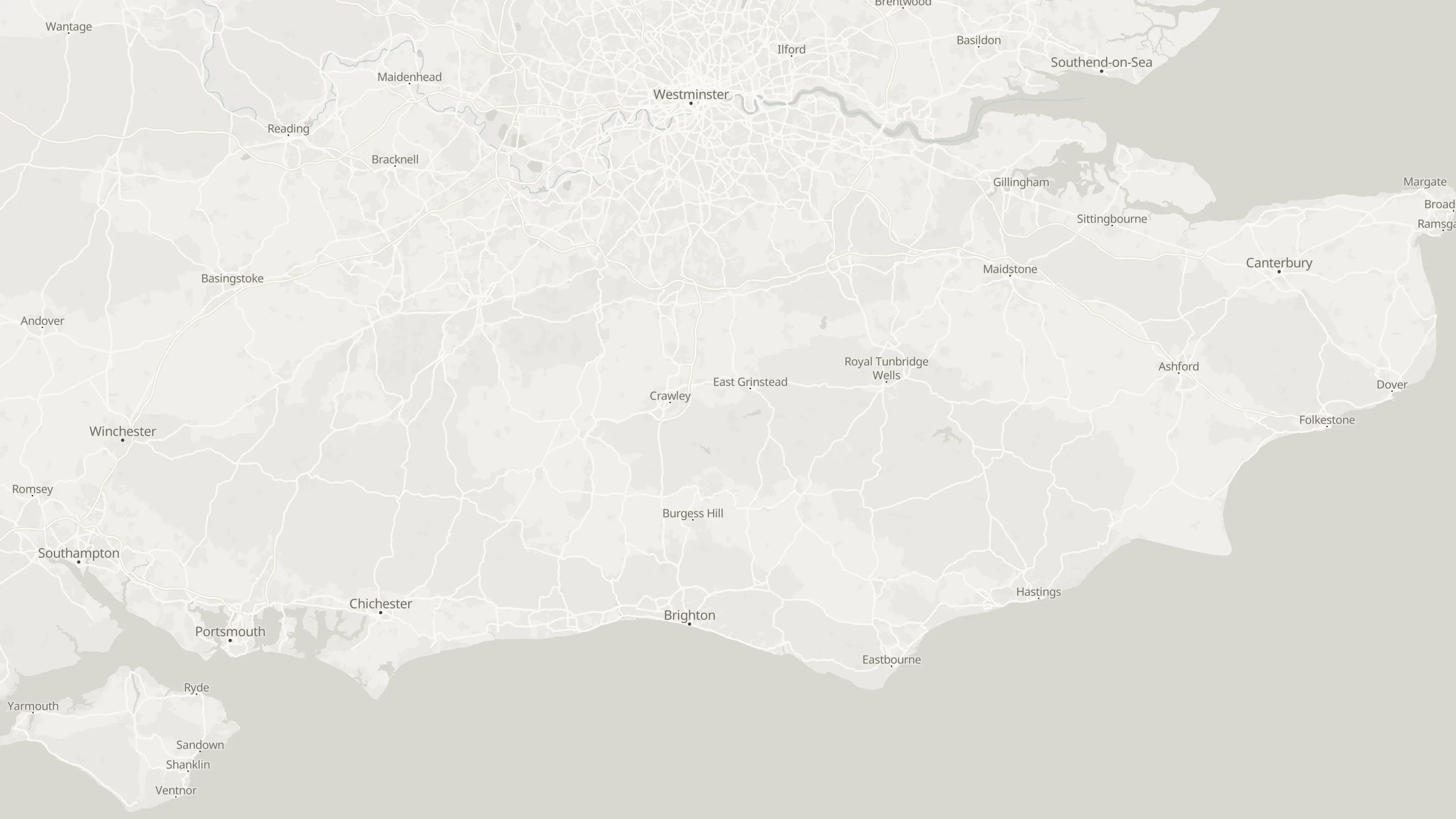 Map from Shoreham-by-Sea to the airports served, with simultaneous routed lines and labelled airport points