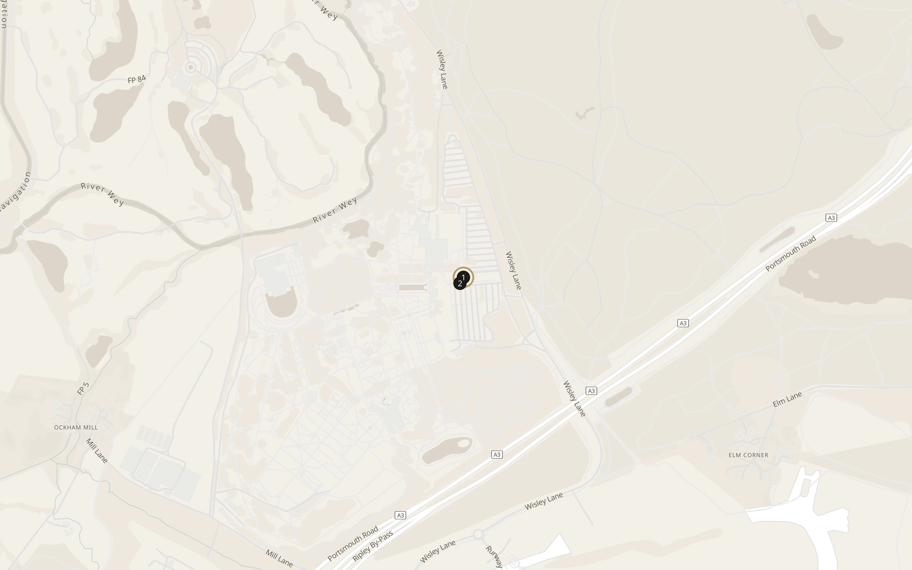 Numbered approach map for RHS Garden Wisley showing set-down and collection pins
