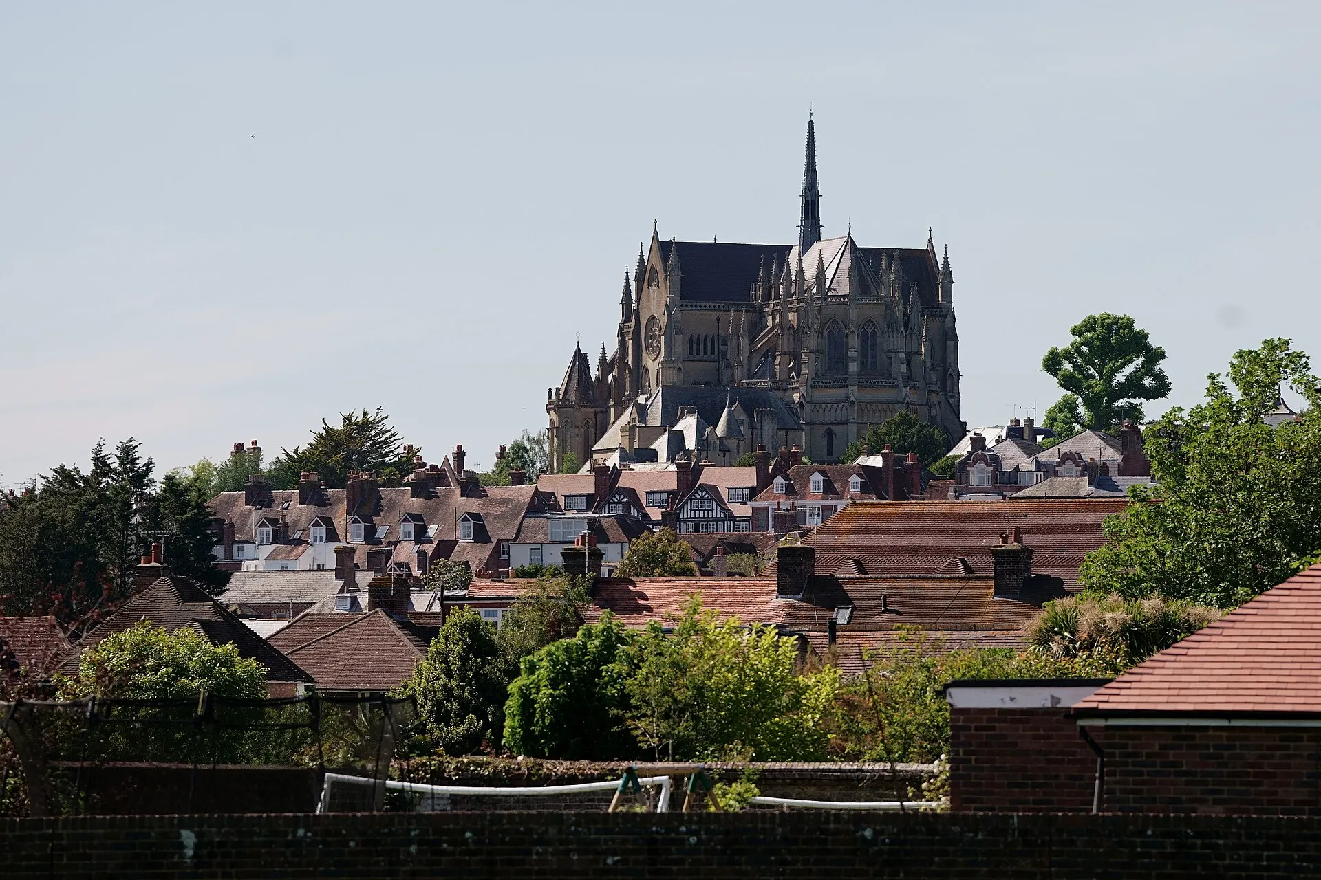 Arundel Cathedral above the town rooftops in May 2024