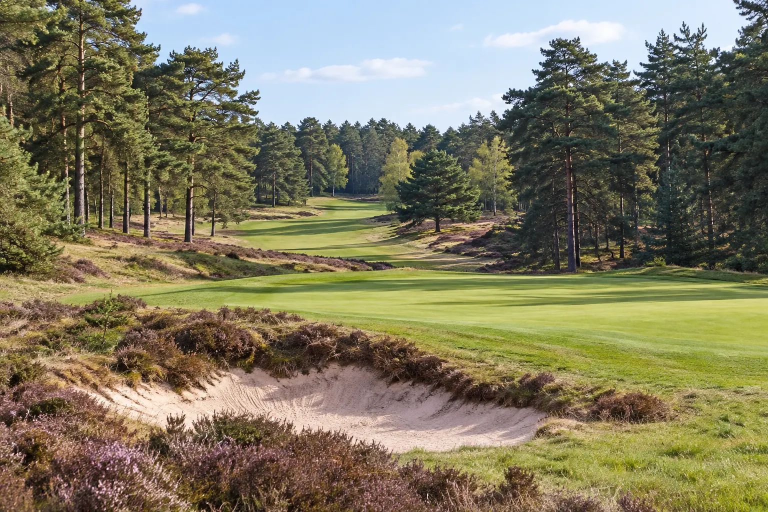 Illustrative pine-lined golf green and bunker at The Berkshire, grounded in licensed course photography