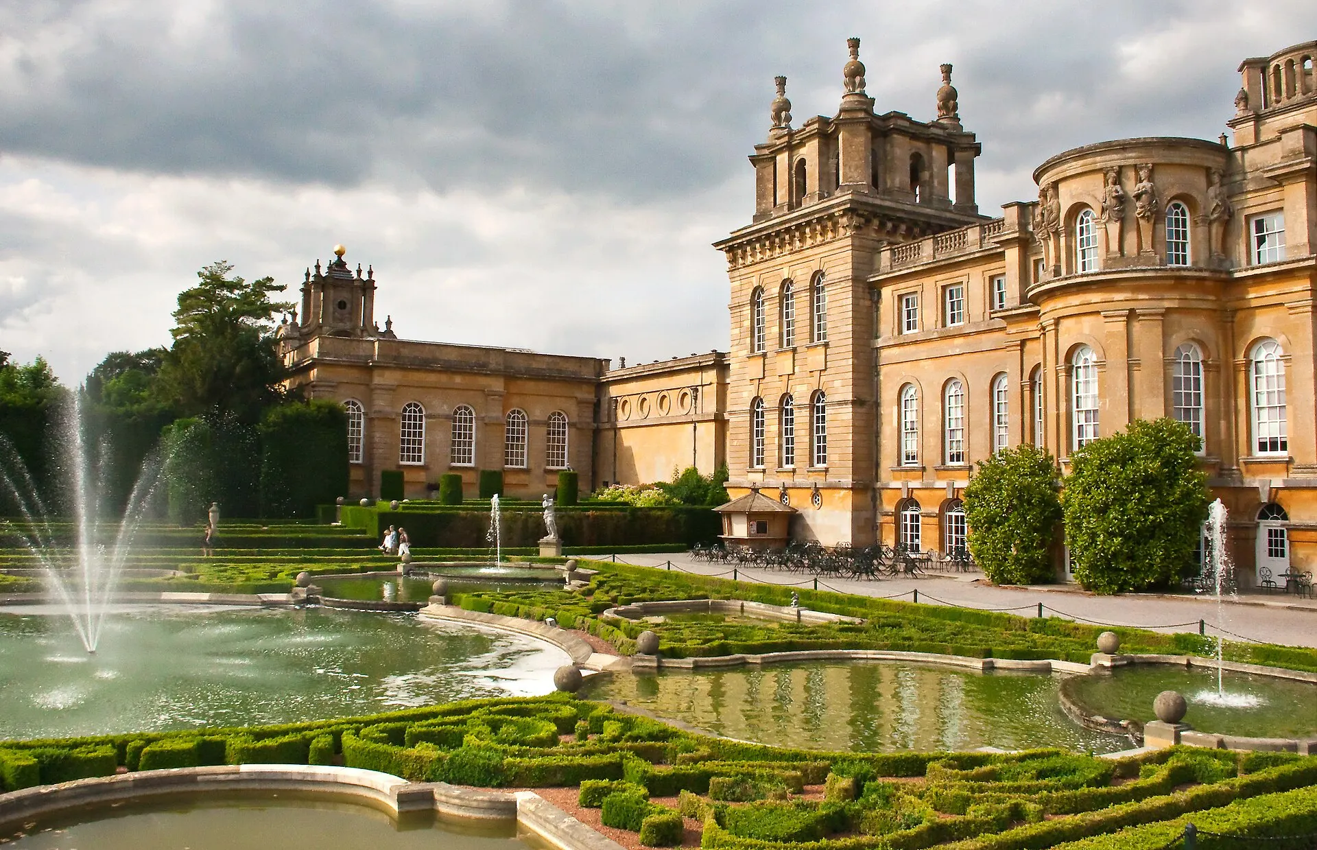 Formal gardens and palace facade at Blenheim Palace