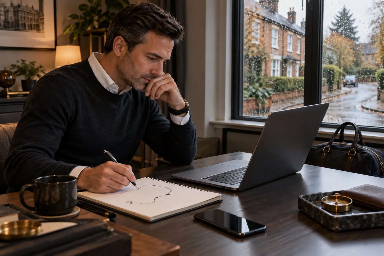 AI-generated illustration of a fictional traveller planning a journey with a blank route sketch in a Berkshire-style home office