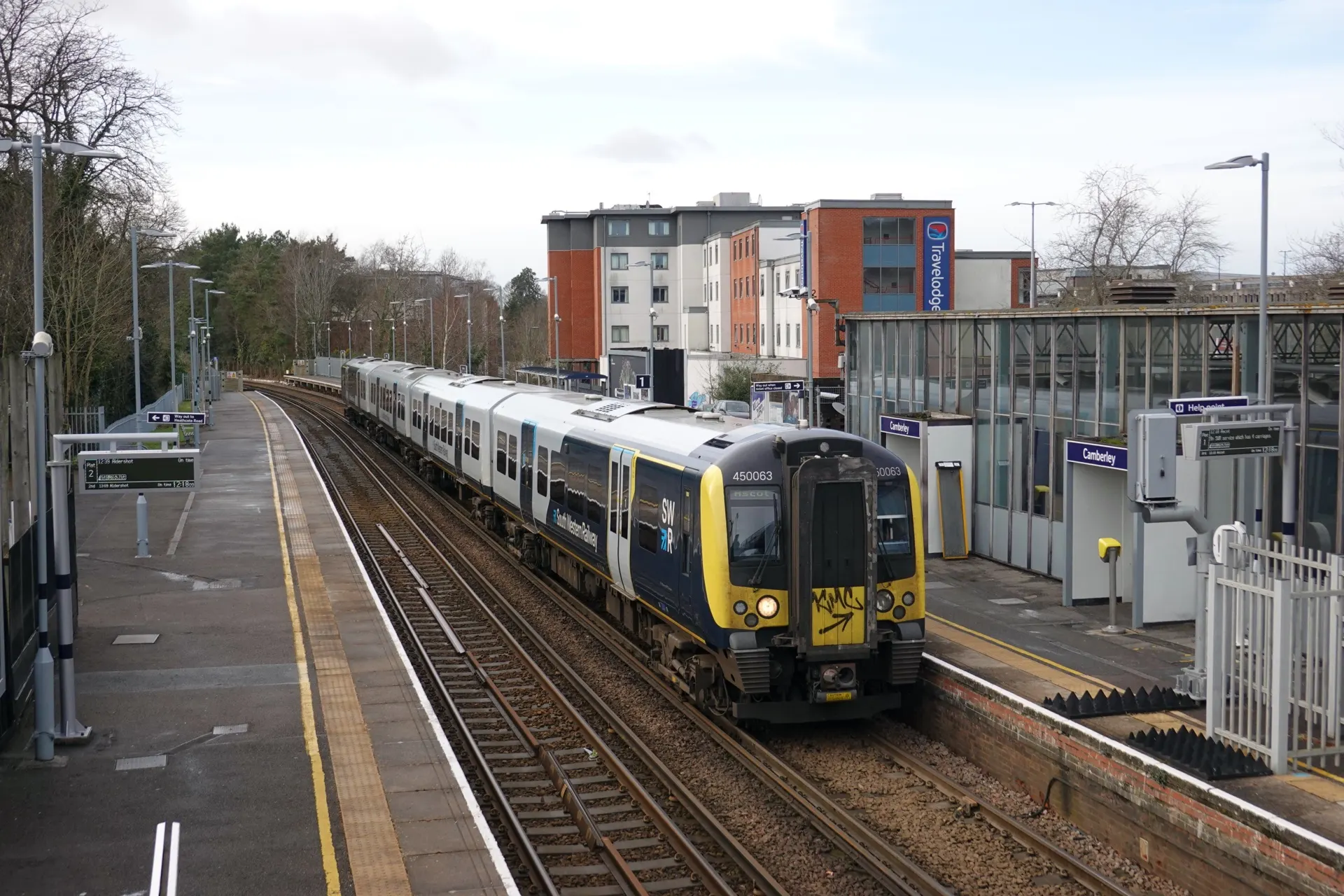 Train at Camberley railway station in February 2025