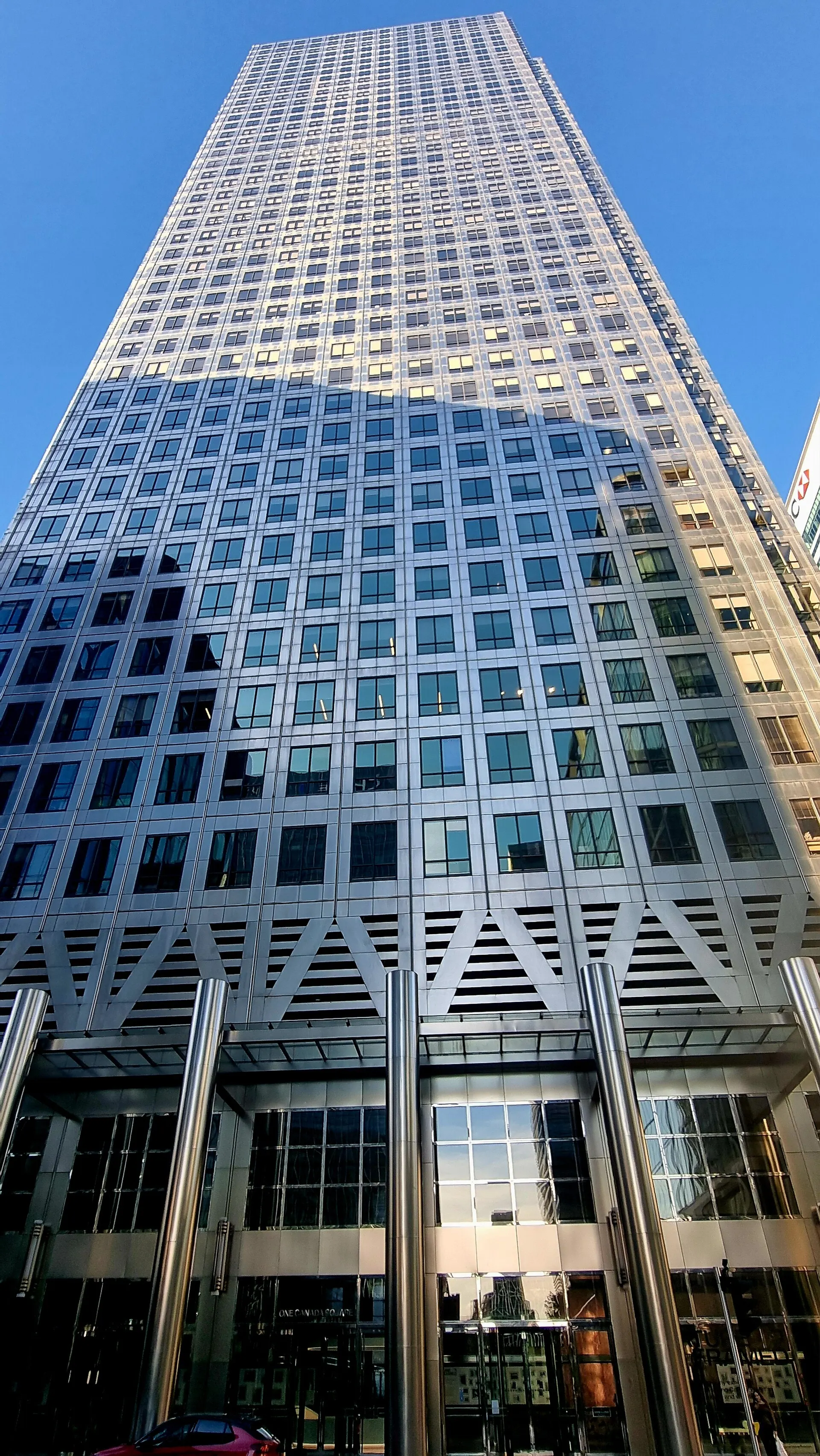 One Canada Square seen from below in October 2024