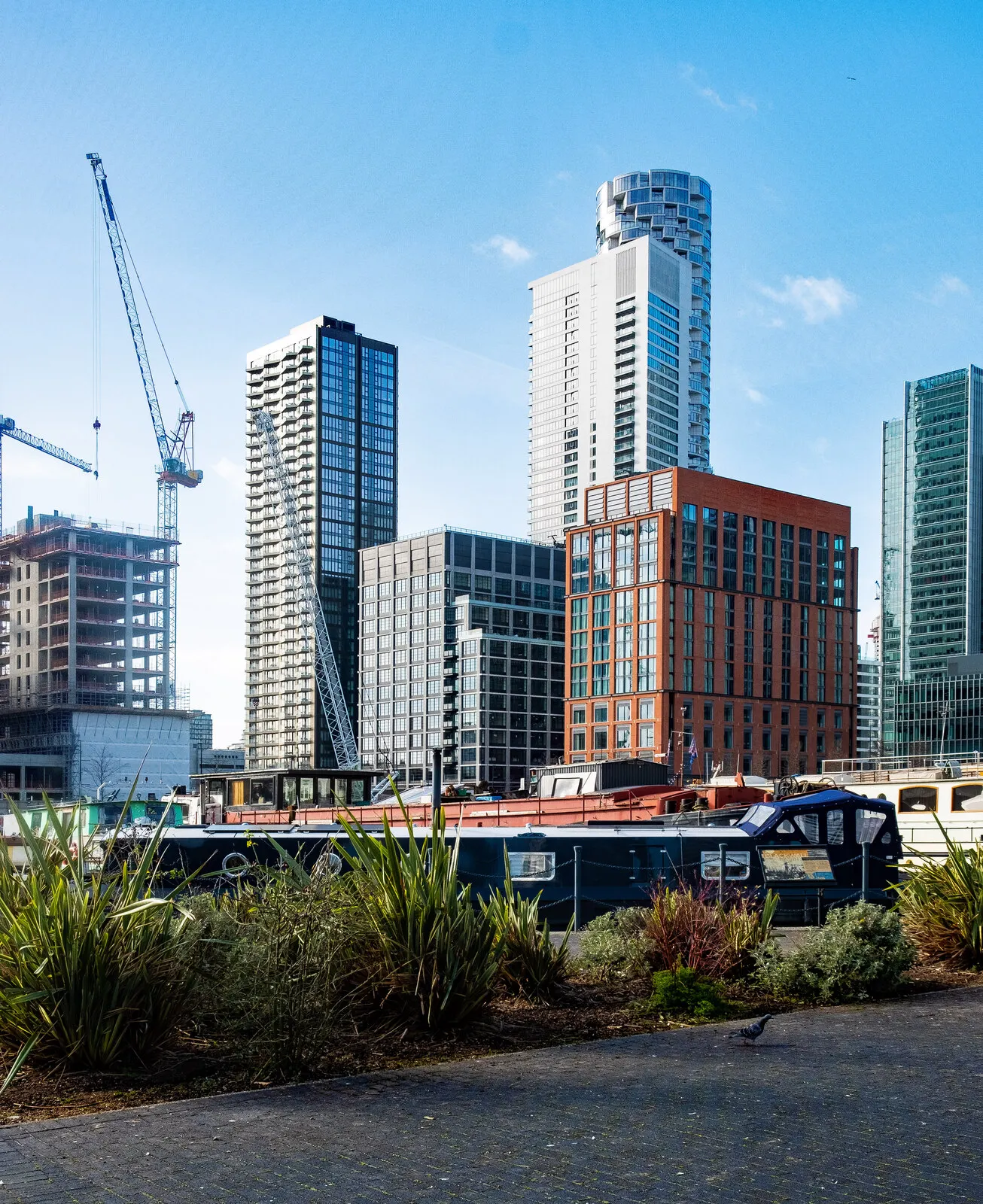 Wood Wharf waterfront and buildings in February 2023