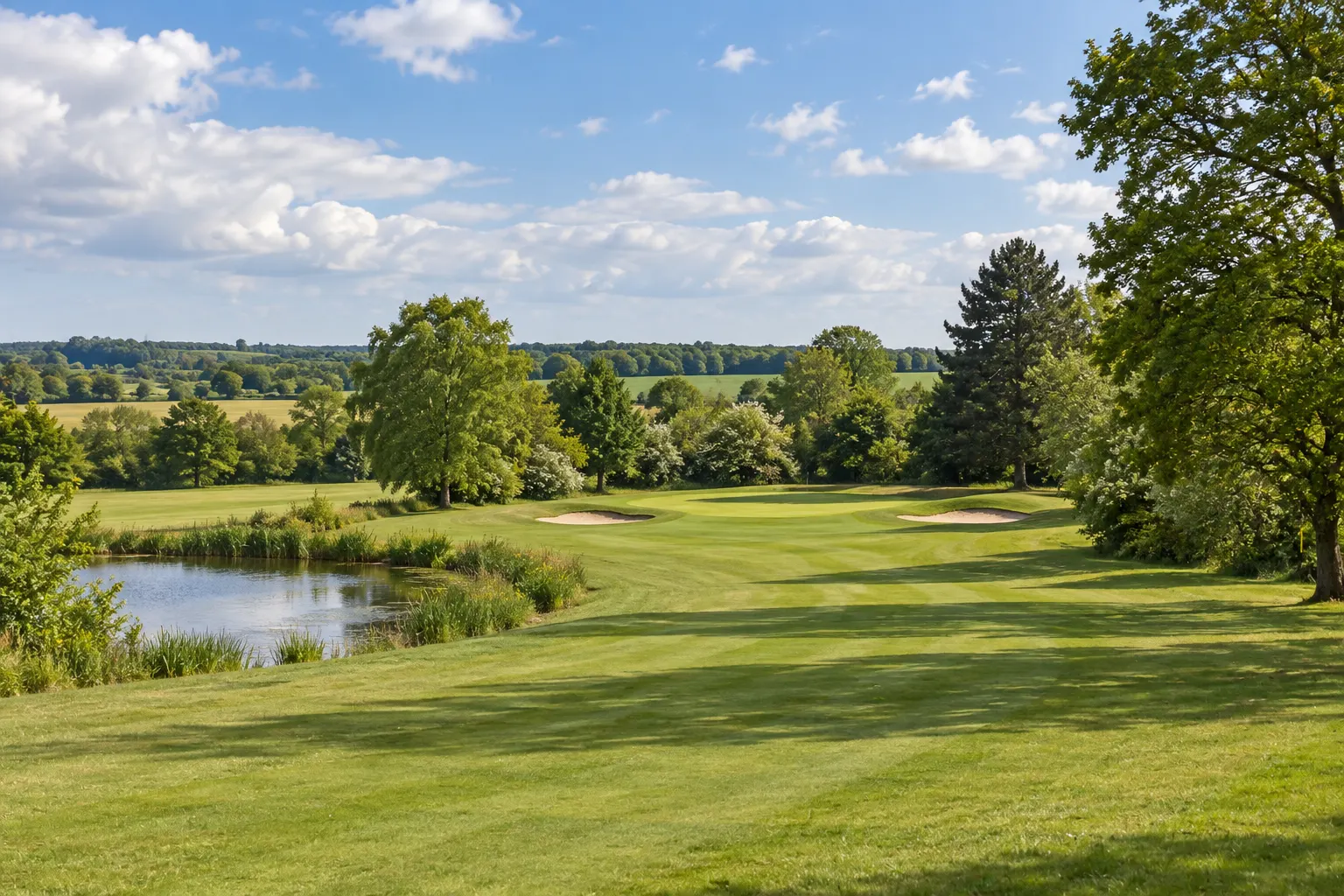 Illustrative Castle Royle parkland fairway with bunkers and water, grounded in club photographs