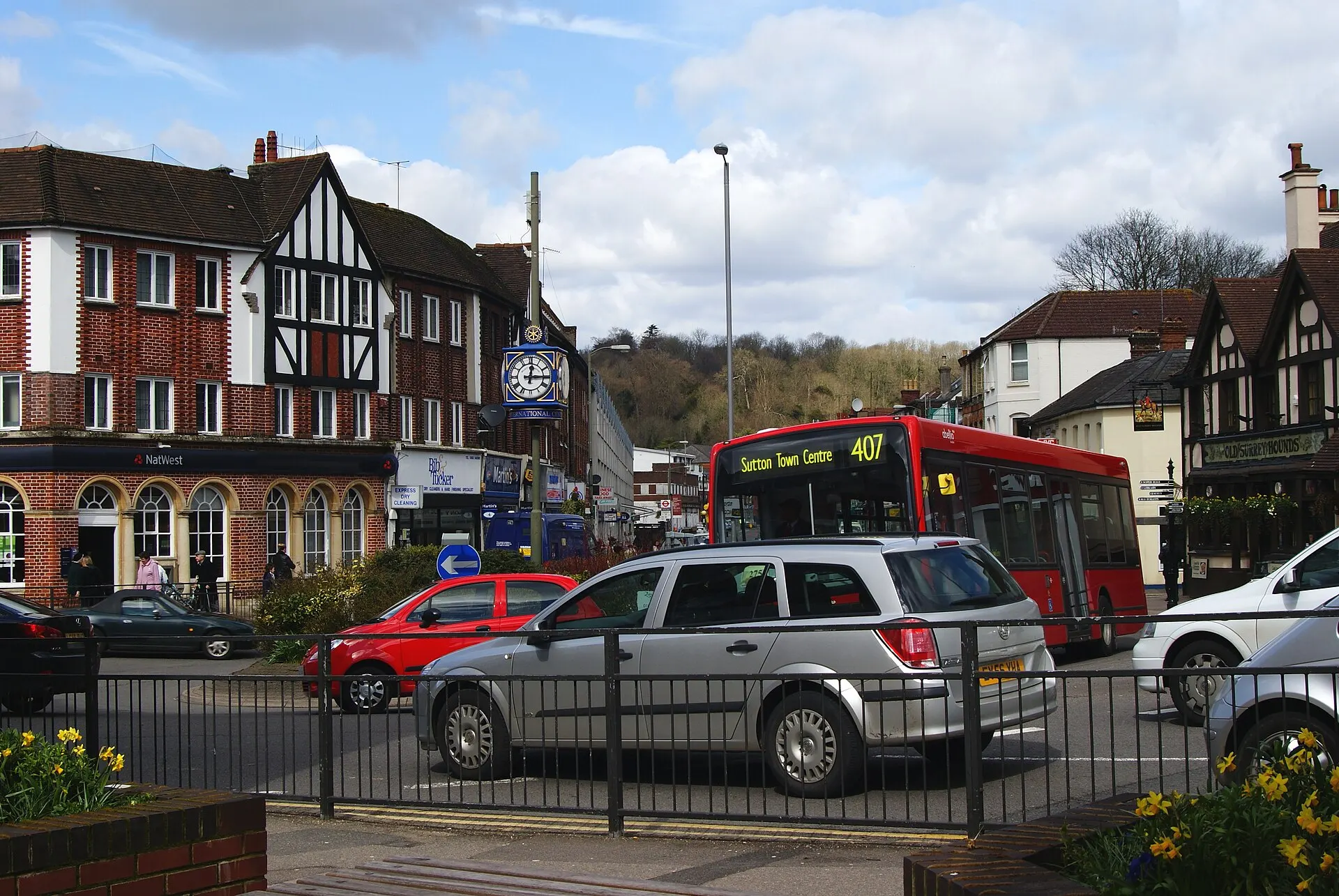 Road junction and buildings in Caterham town centre in April 2010