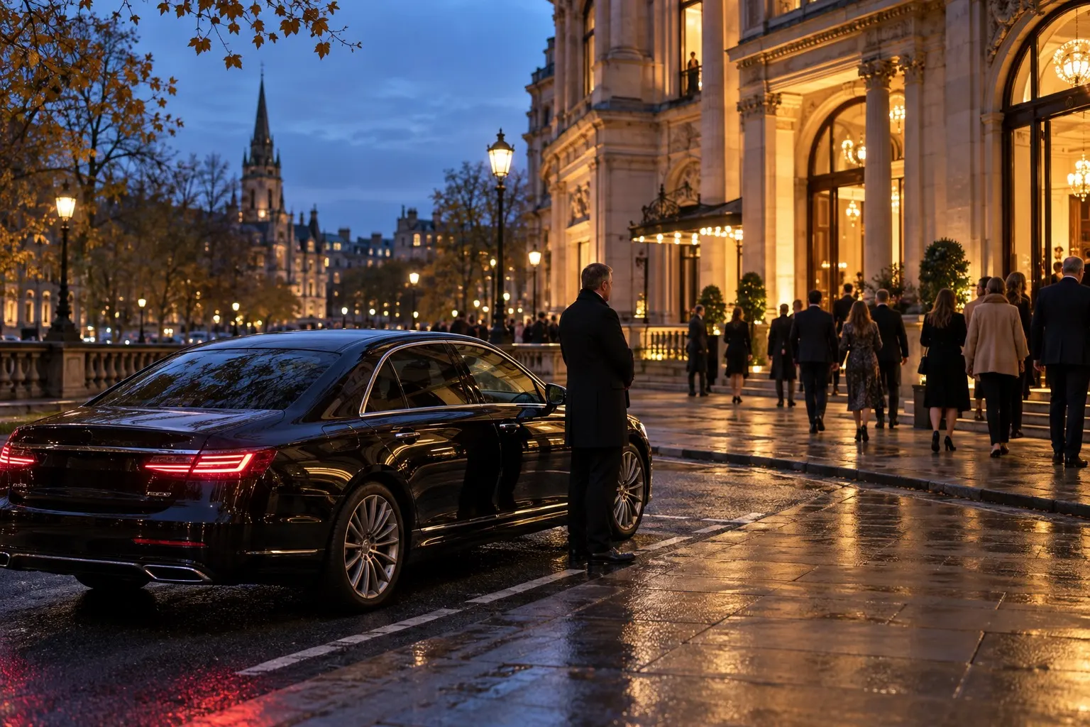 Illustrative chauffeur waiting beside an executive saloon outside an anonymous evening venue