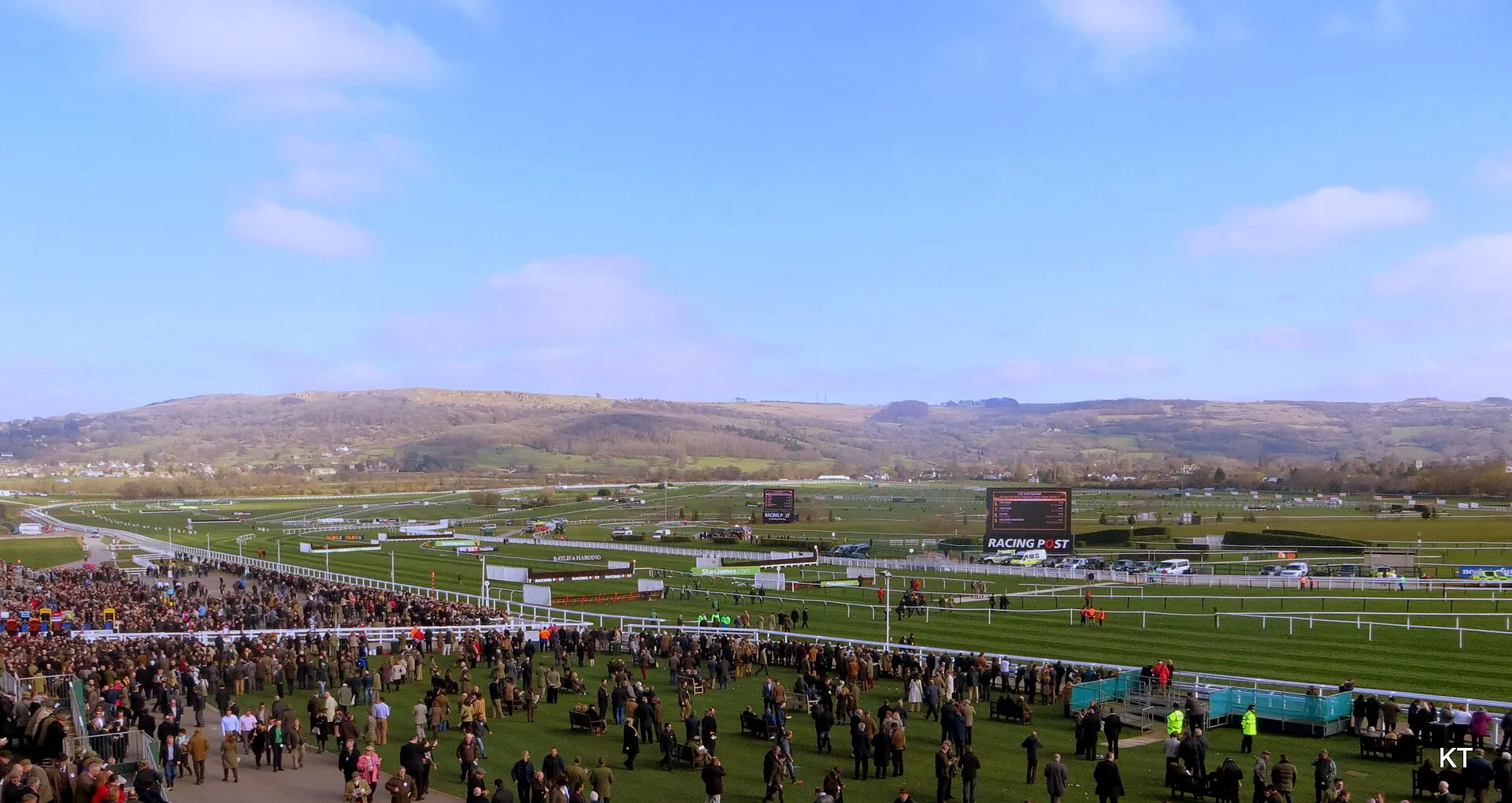 Cheltenham Racecourse beneath the Cotswold hills