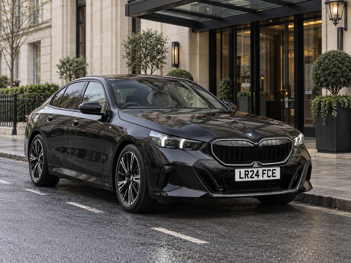 Illustrative BMW executive car outside a hotel