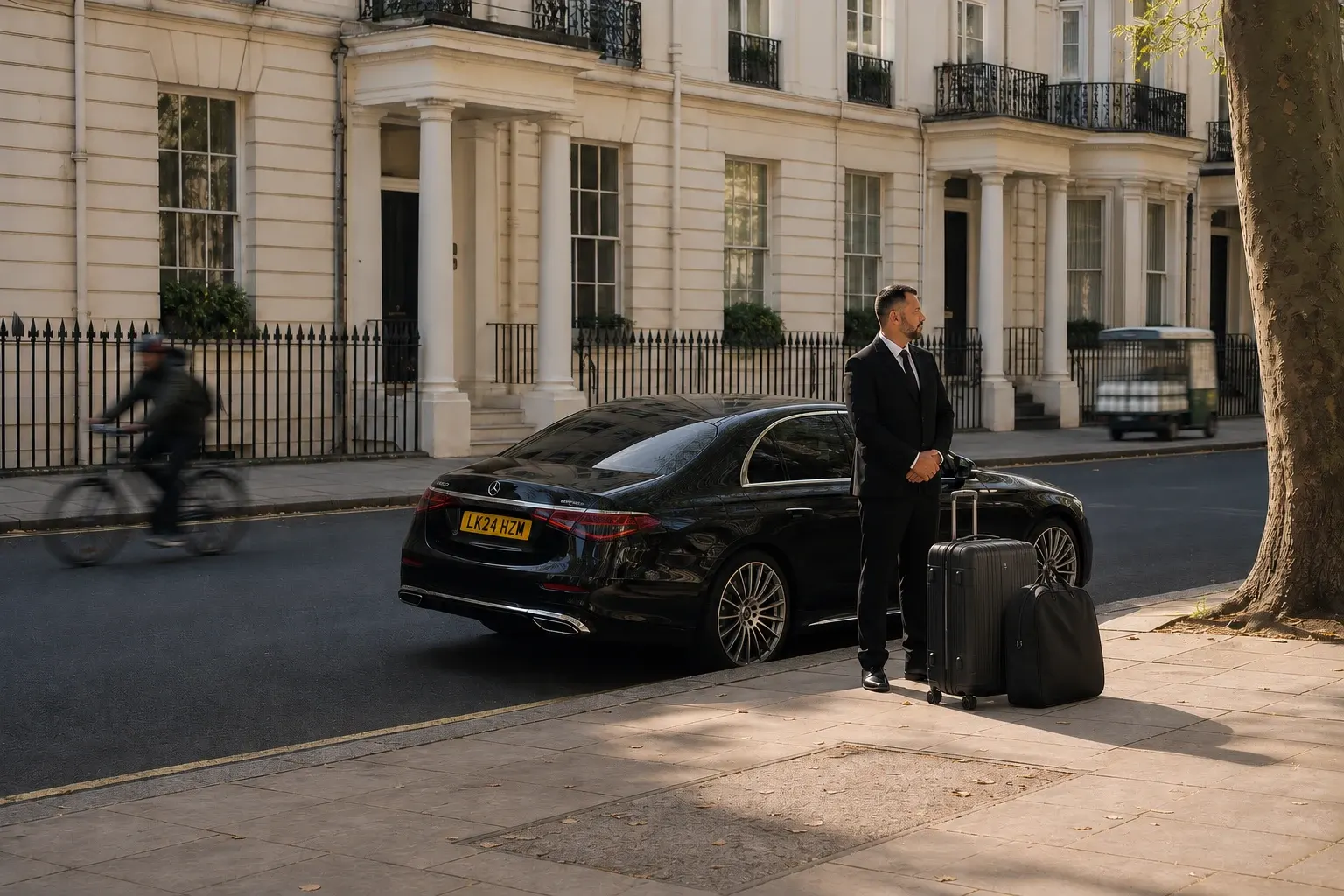 Chauffeur waiting beside a black saloon with a passenger case