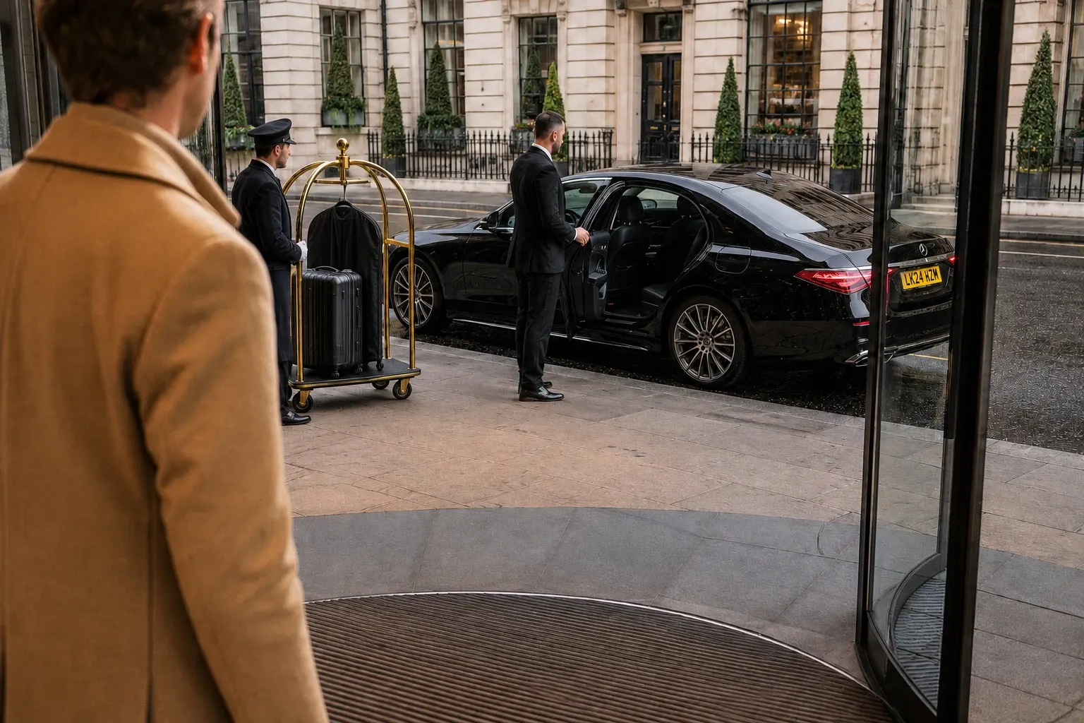Two adults standing beside a black saloon outside a hotel with luggage nearby