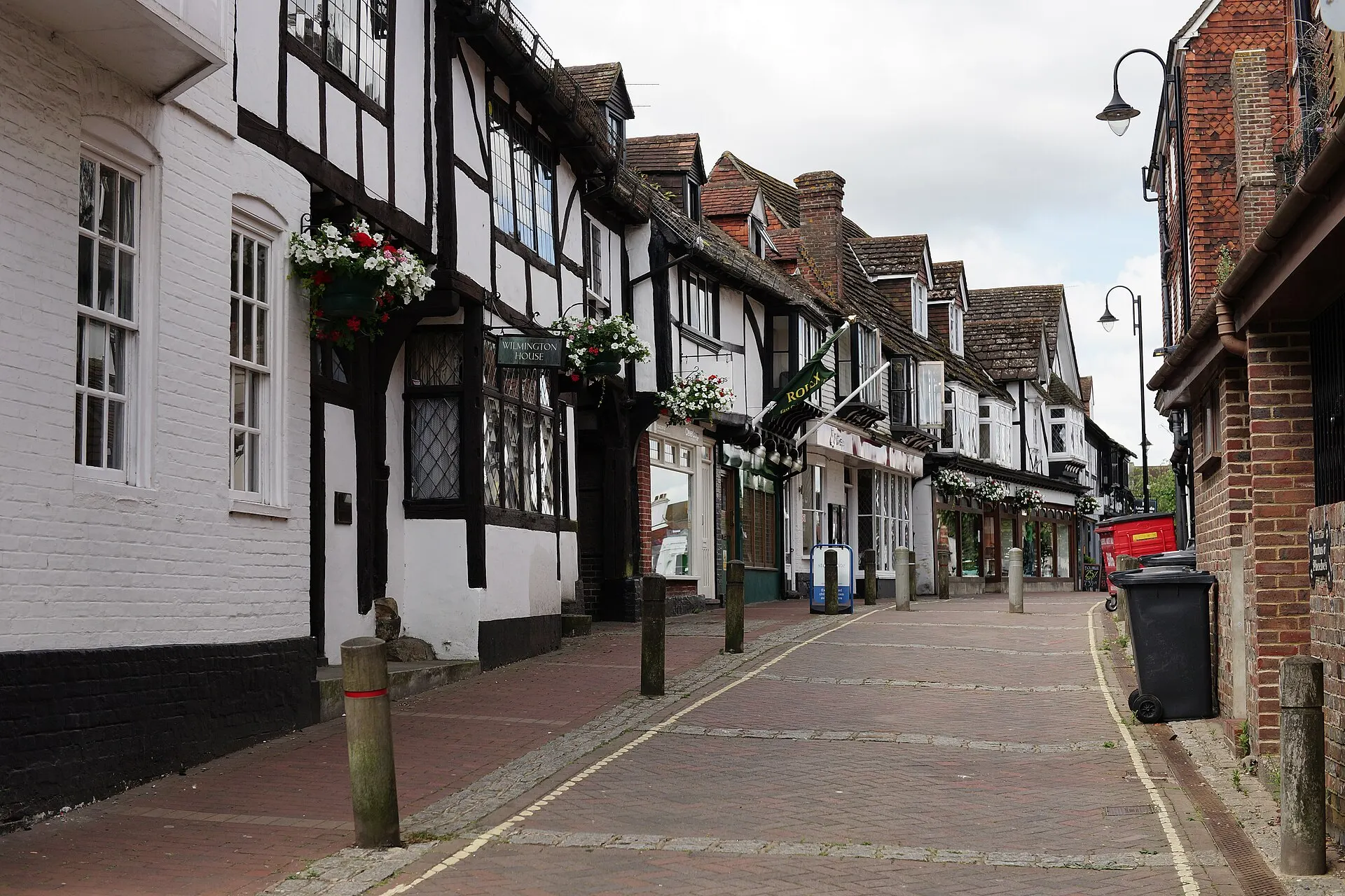 Historic buildings along East Grinstead High Street in June 2014
