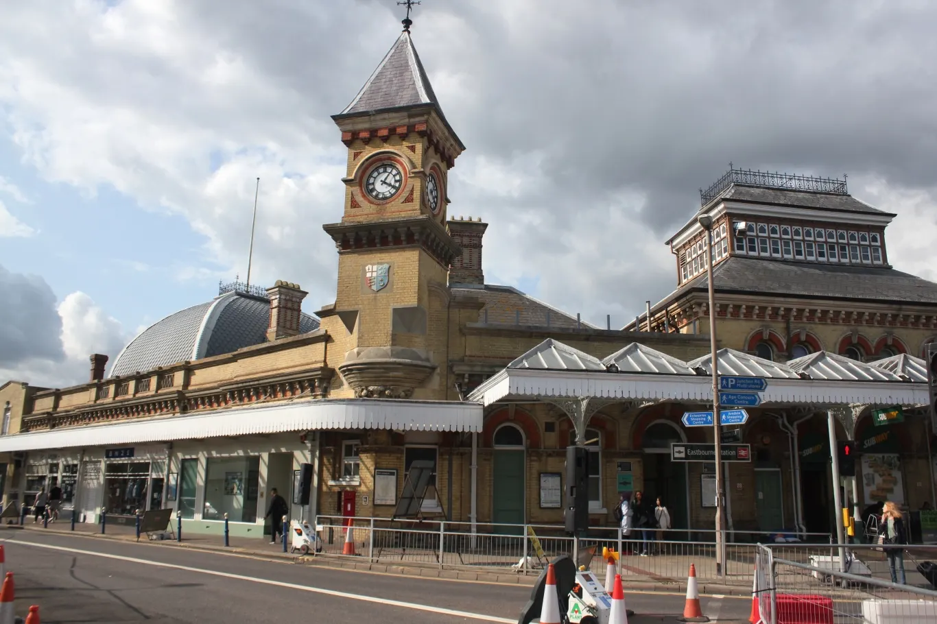 Eastbourne railway station exterior on Terminus Road in August 2018