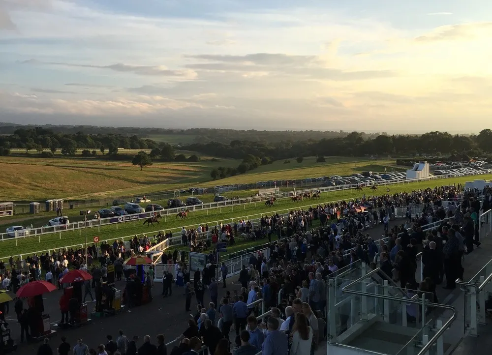 Horses and racegoers near the finish at Epsom Downs
