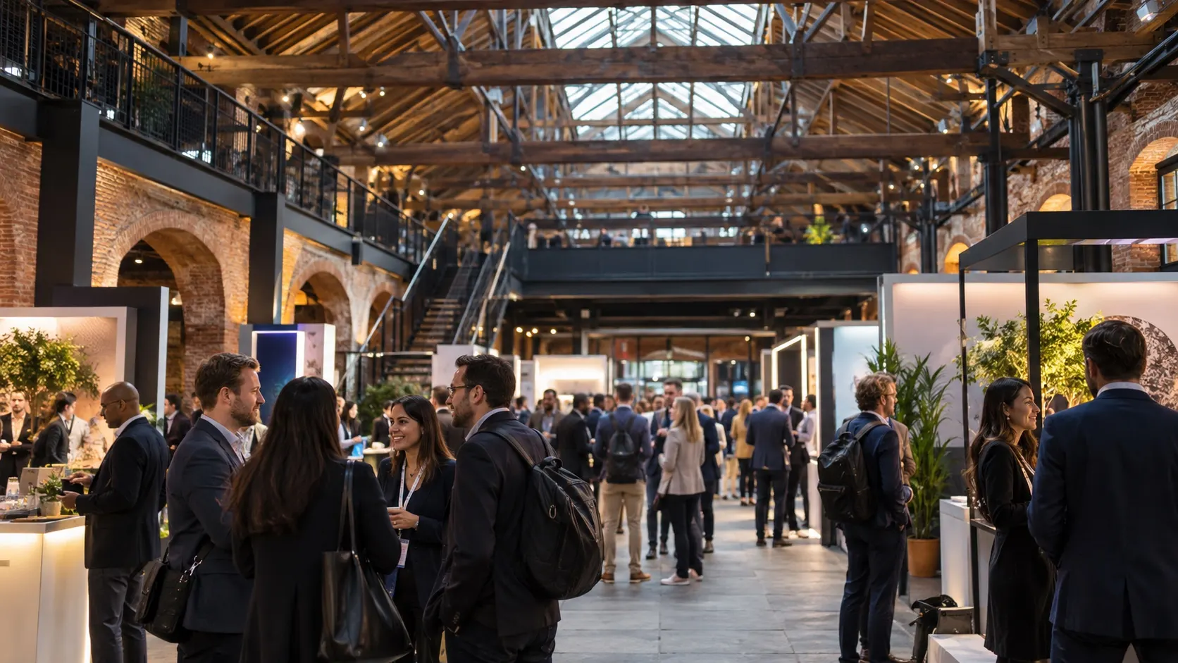 Illustrative enterprise AI exhibition beneath Tobacco Dock's timber roof and brick arches