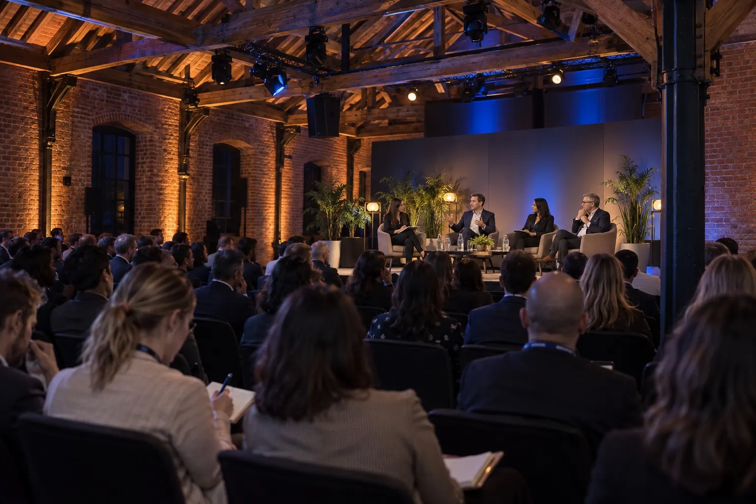 Illustrative enterprise AI panel session in a timber-roofed Tobacco Dock gallery
