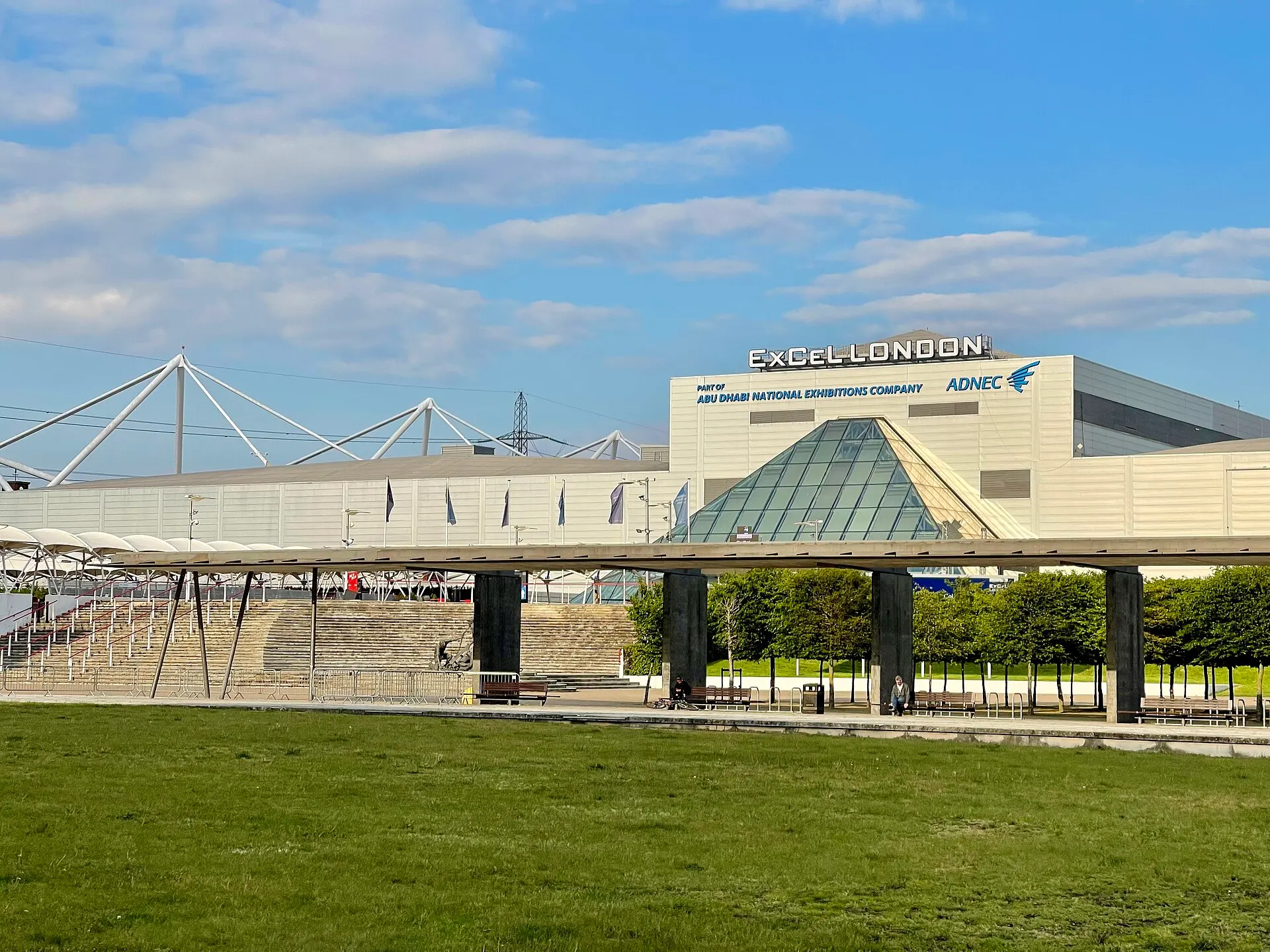 Western entrance of ExCeL London beside Royal Victoria Square photographed in 2021
