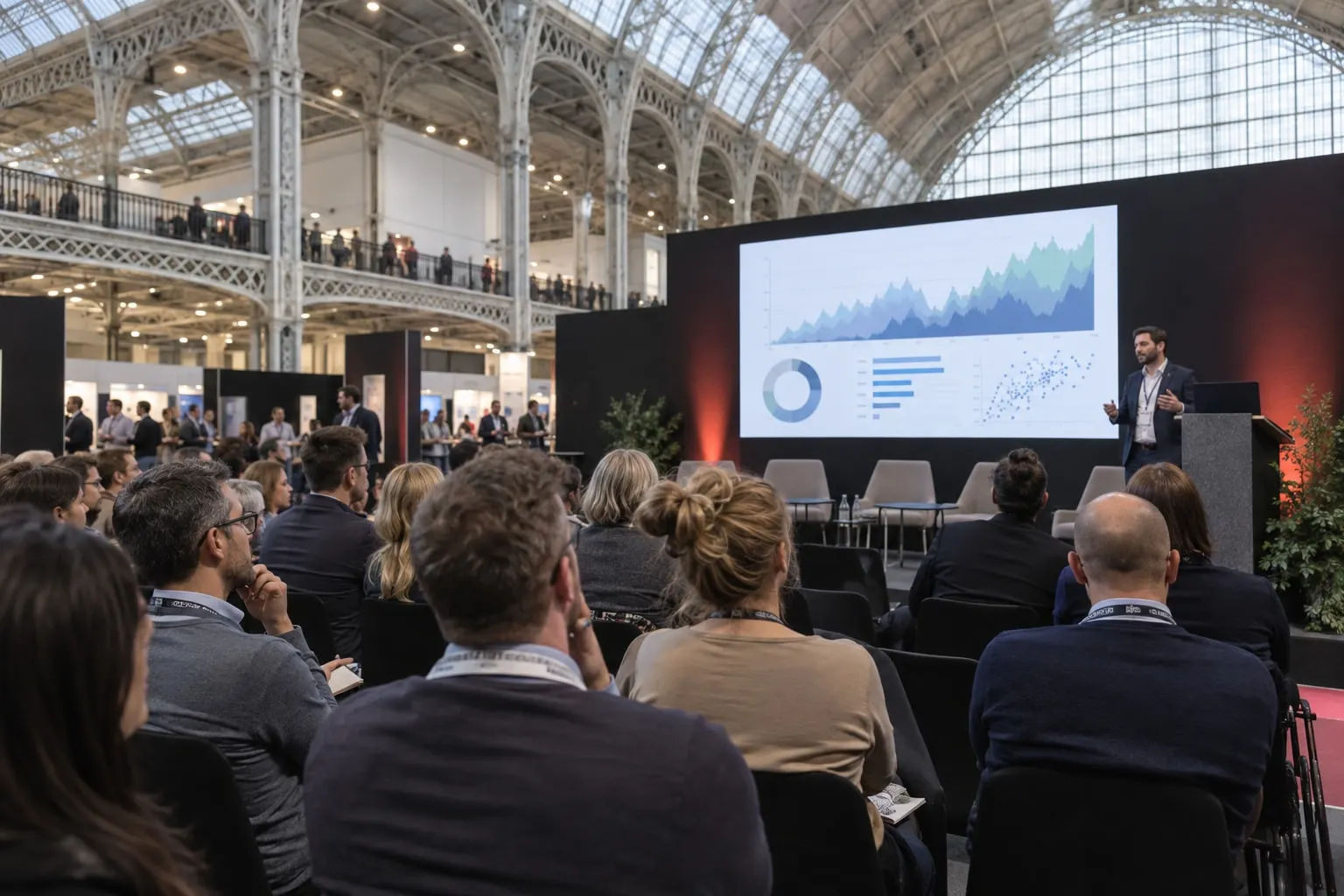 Illustrative data and analytics conference theatre inside Olympia London