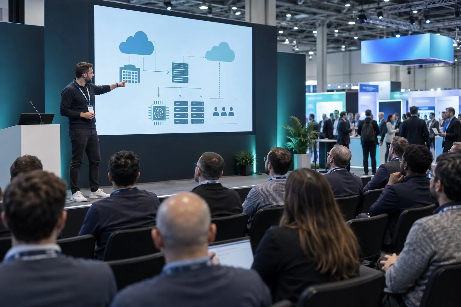 Illustrative hybrid-cloud and AI infrastructure conference session at Excel London