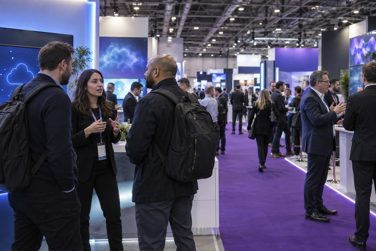 Illustrative Cloud & Cyber Security Expo-style exhibition hall at Excel London