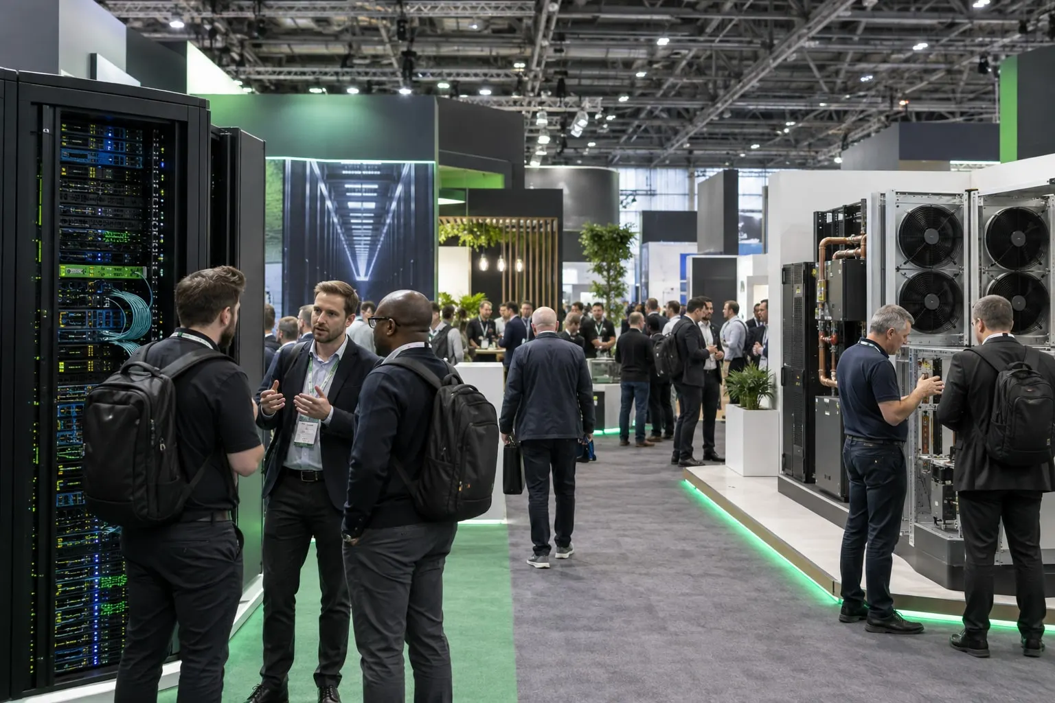 Illustrative Data Centre World exhibition hall with server and cooling systems at Excel London