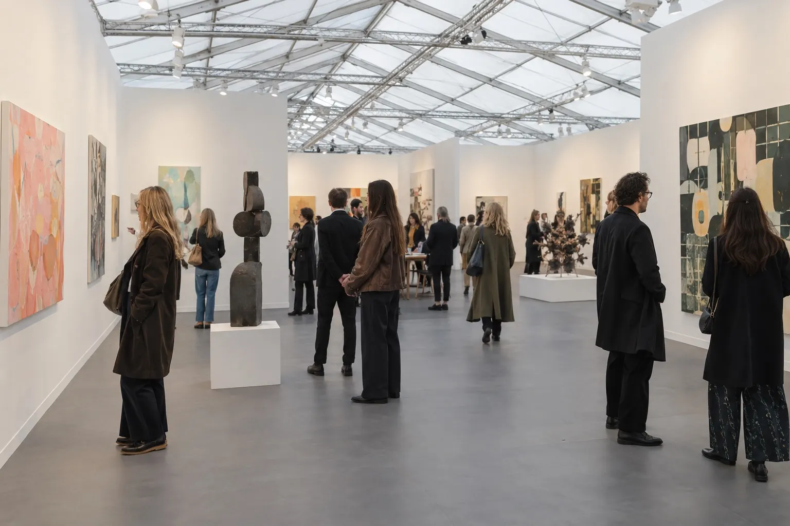 Illustrative contemporary art gallery booths inside a temporary Frieze-style pavilion