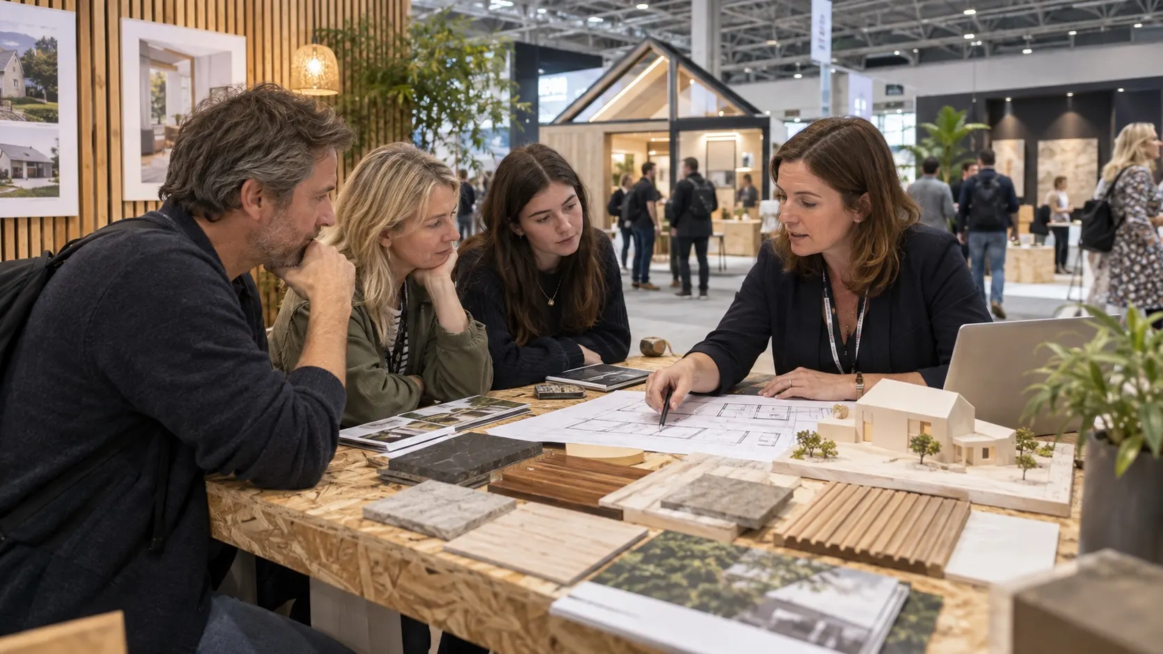 Illustrative self-build design consultation with architectural plans and material samples