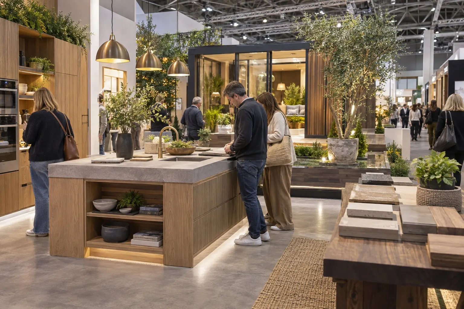 Illustrative home-design display with kitchen, planting and surface samples