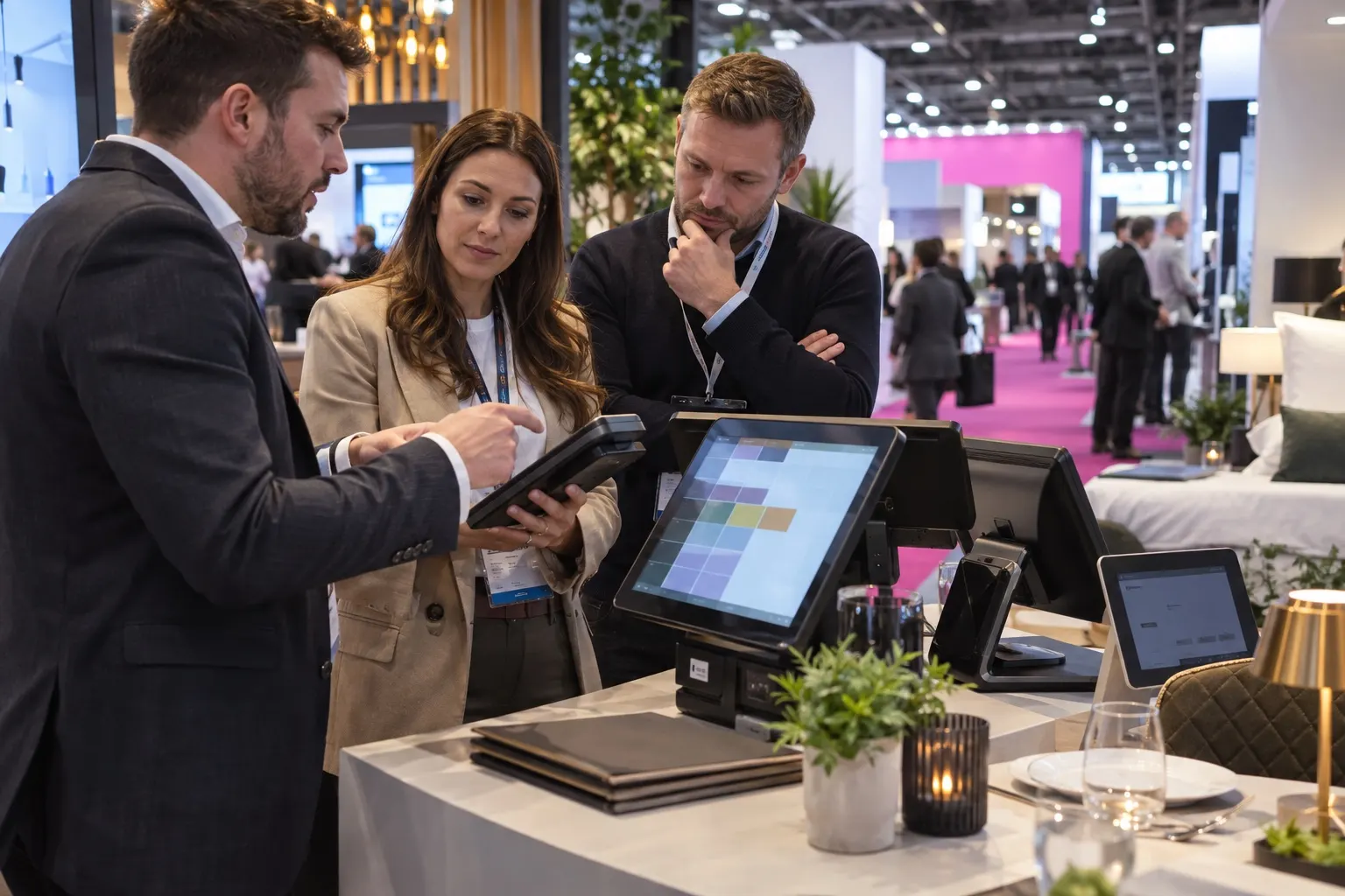 Illustrative hospitality managers examining restaurant ordering and payment devices