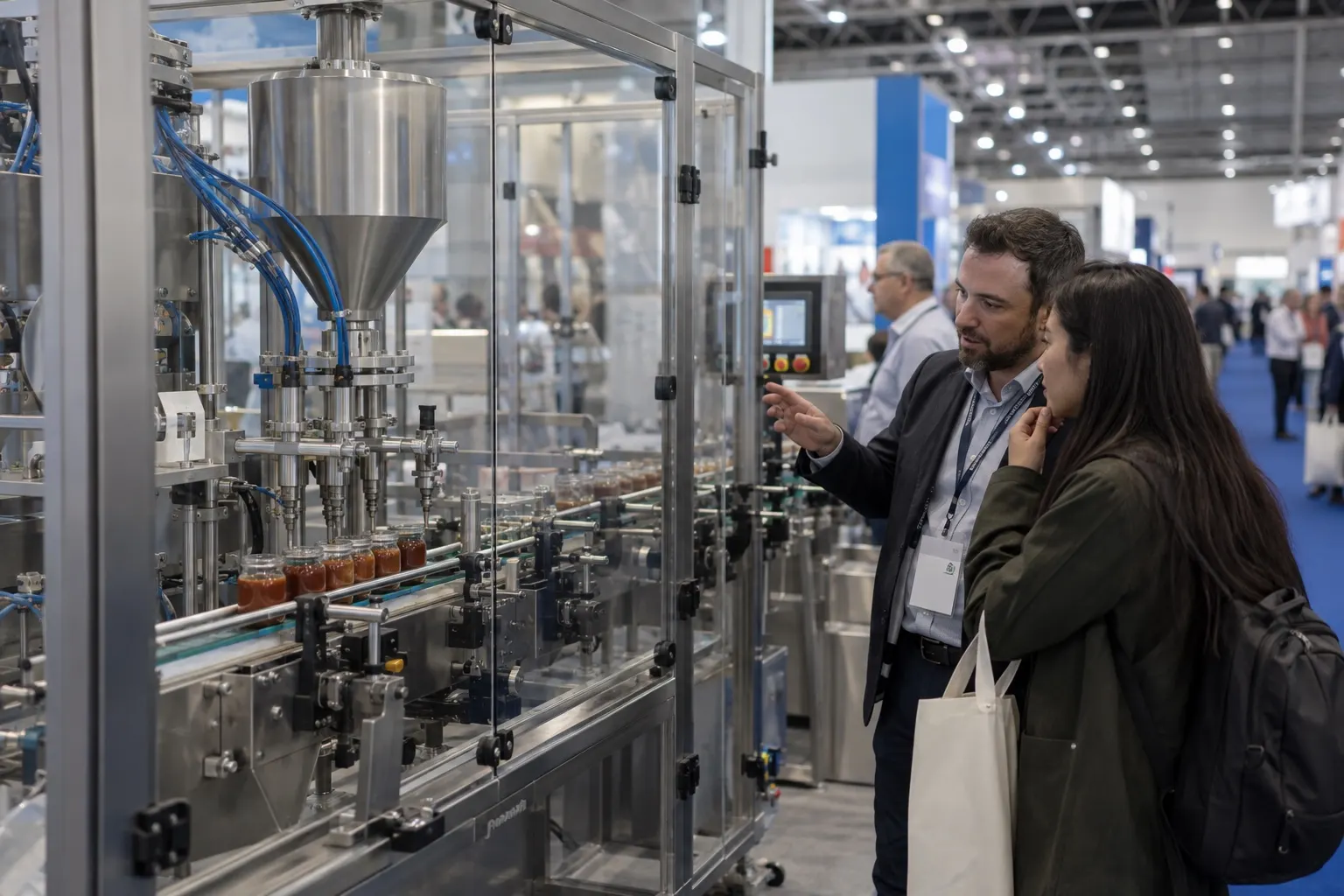 Illustrative visitors examining food production equipment at an exhibition stand