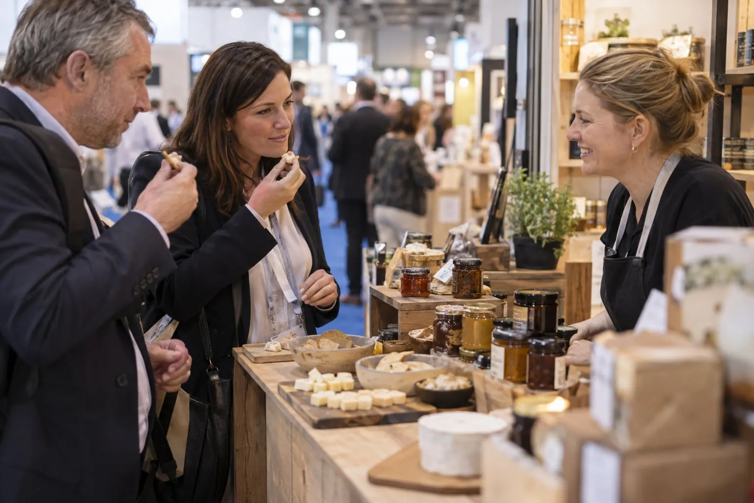 Illustrative buyers tasting speciality food at a trade-show stand
