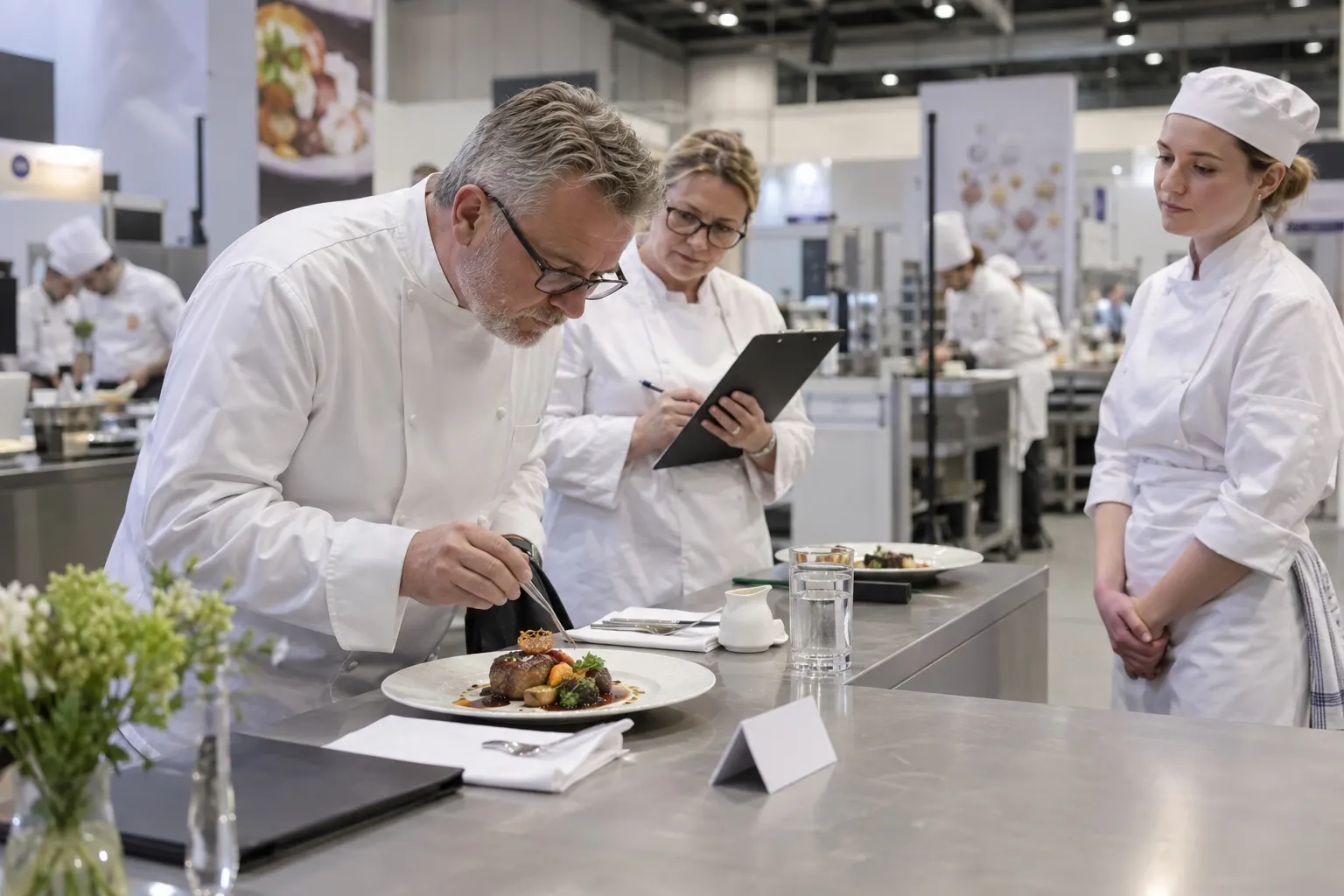 Illustrative culinary judges examining a competitor's plated dish