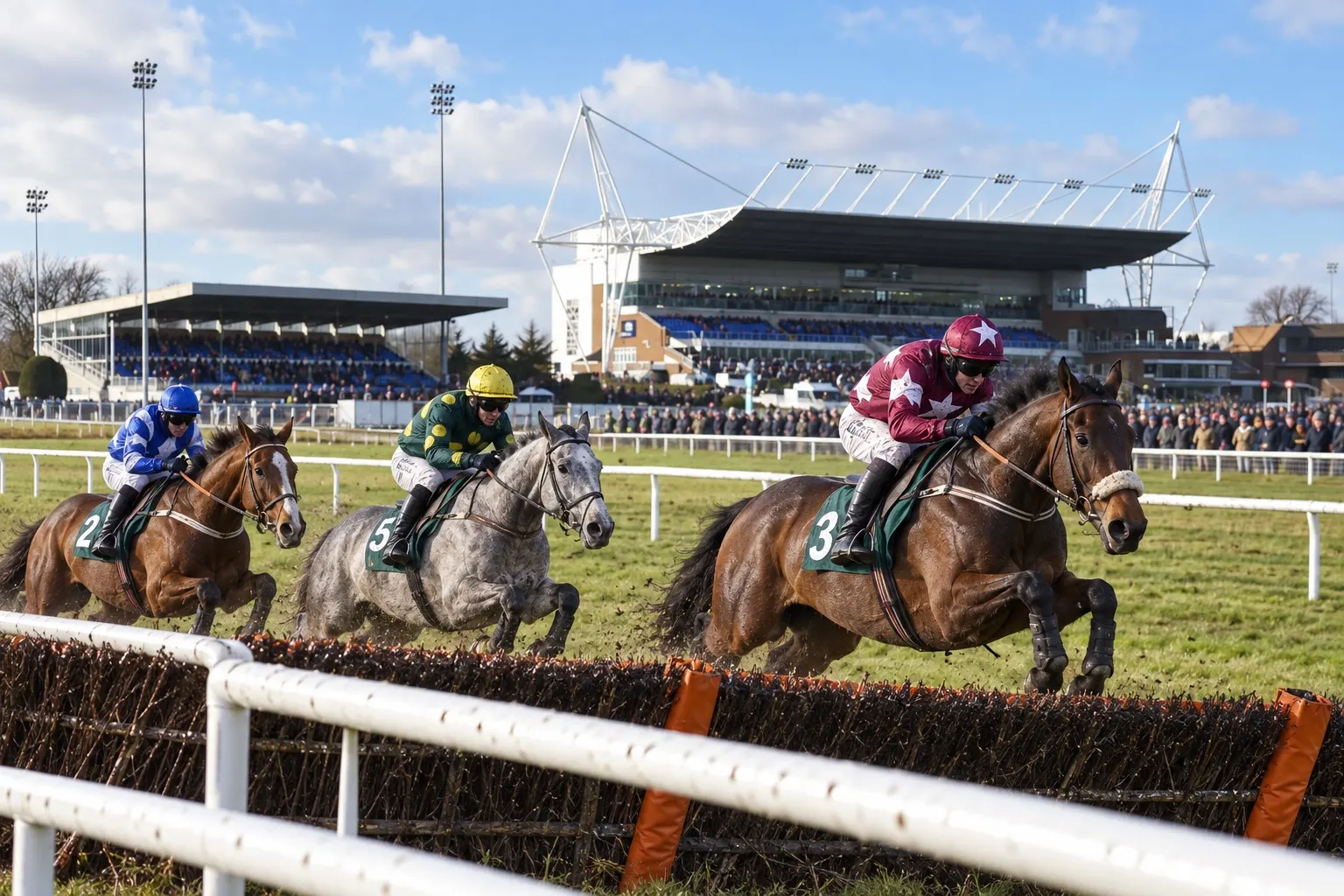Illustrative winter chase over a fence before Kempton Park's distinctive grandstand