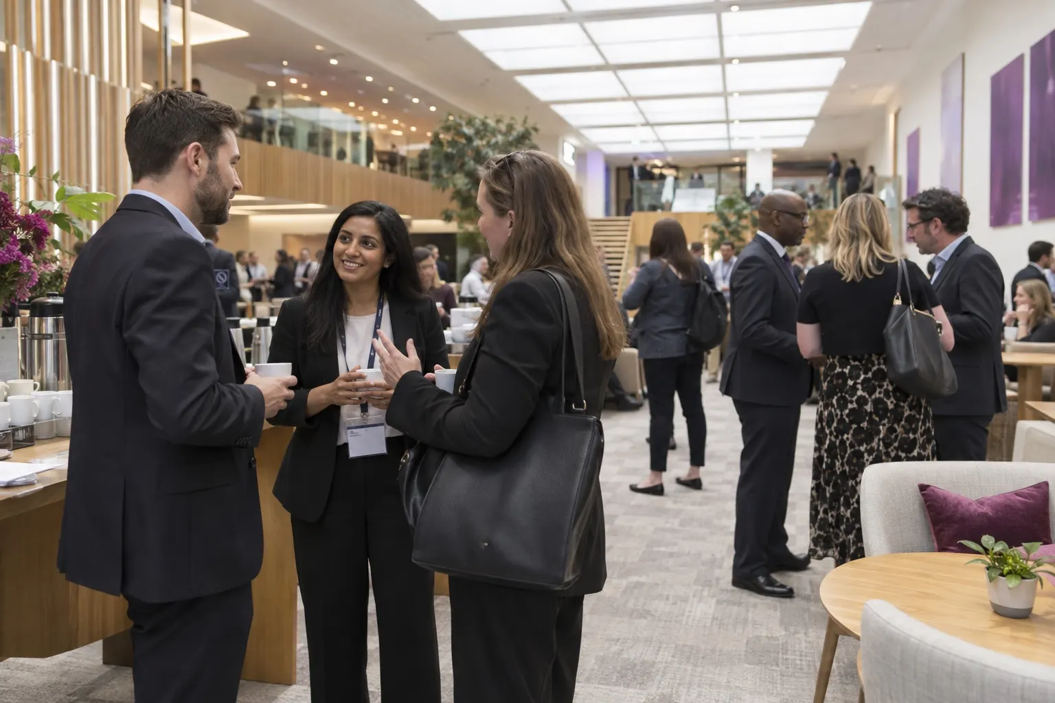 Illustrative legal professionals networking in a modern conference lounge