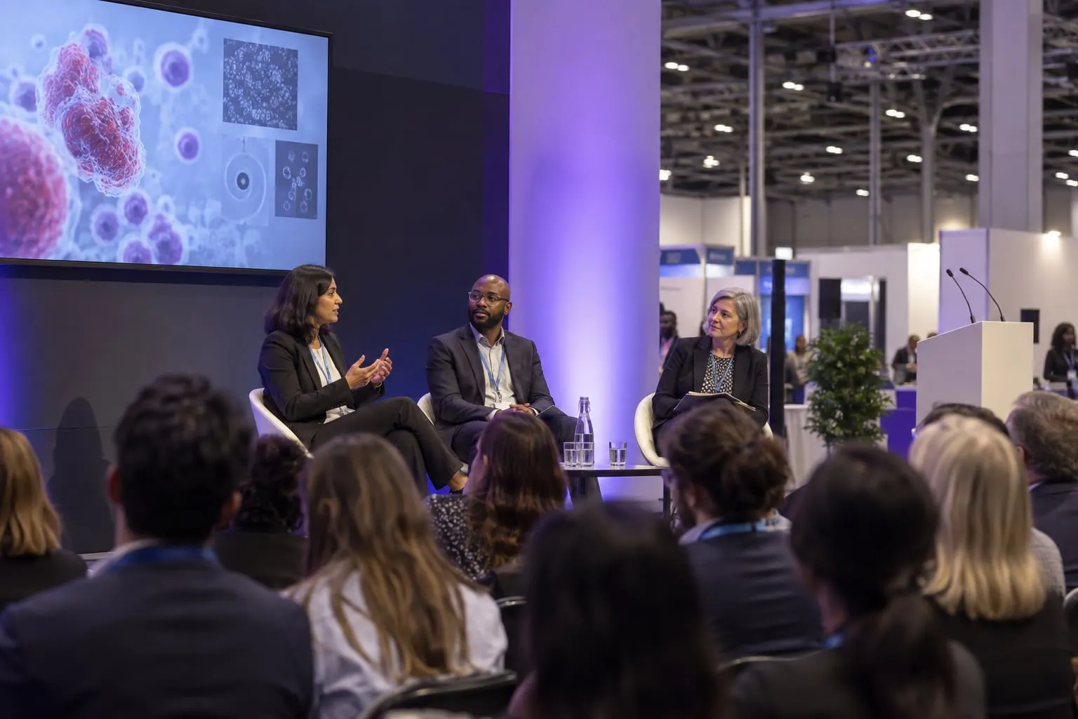 Illustrative medical-biotechnology conference panel with an audience