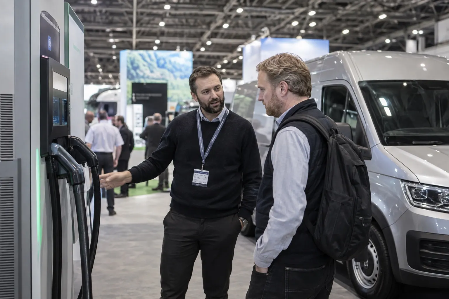 Illustrative charging-station discussion beside an electric van in an Excel-style hall