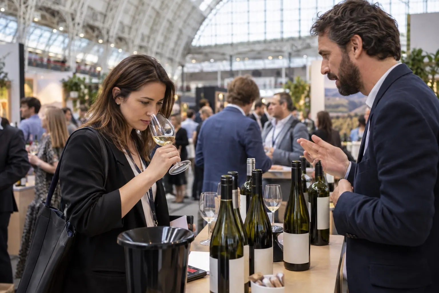 Illustrative buyer tasting white wine with an exhibitor at Olympia London