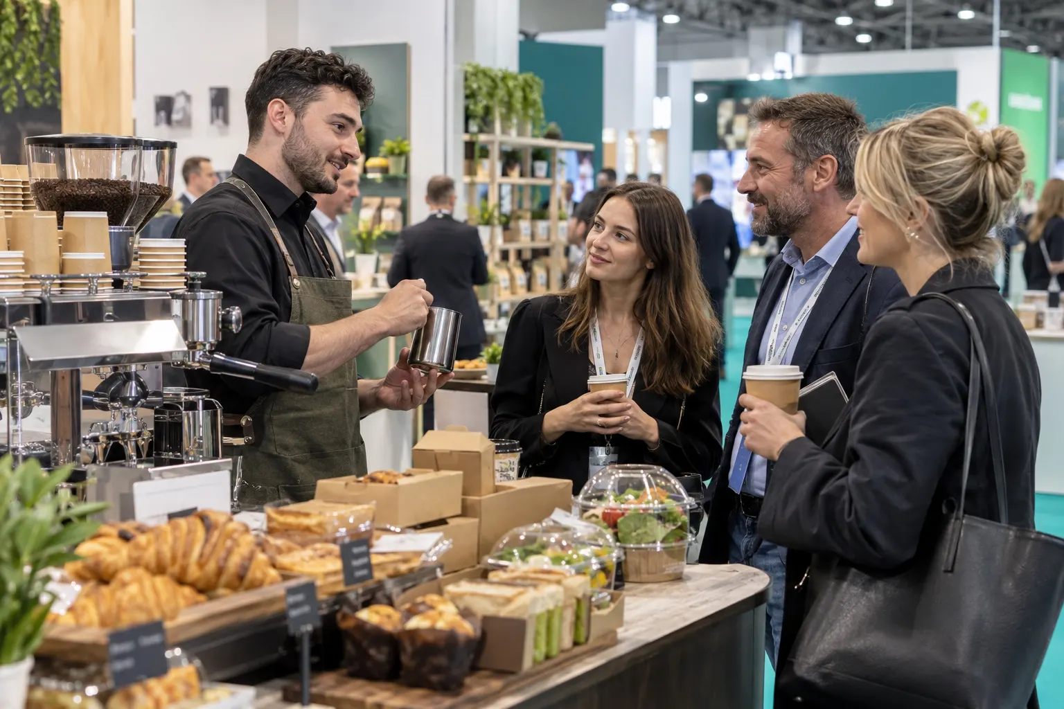 Illustrative coffee equipment demonstration for café buyers at a food-to-go trade show