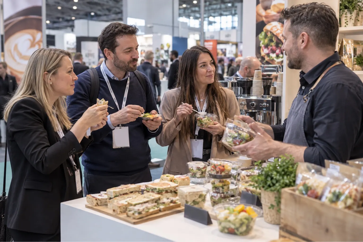 Illustrative café and deli buyers sampling food-to-go products at a trade stand