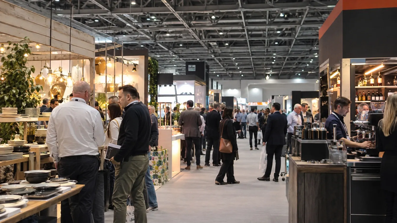 Illustrative restaurant, pub and bar trade exhibition hall with hospitality buyers at an Excel-like venue