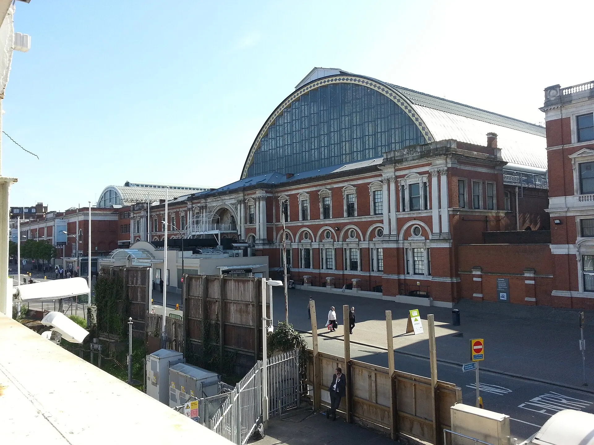 Olympia London exhibition hall viewed from Kensington Olympia station