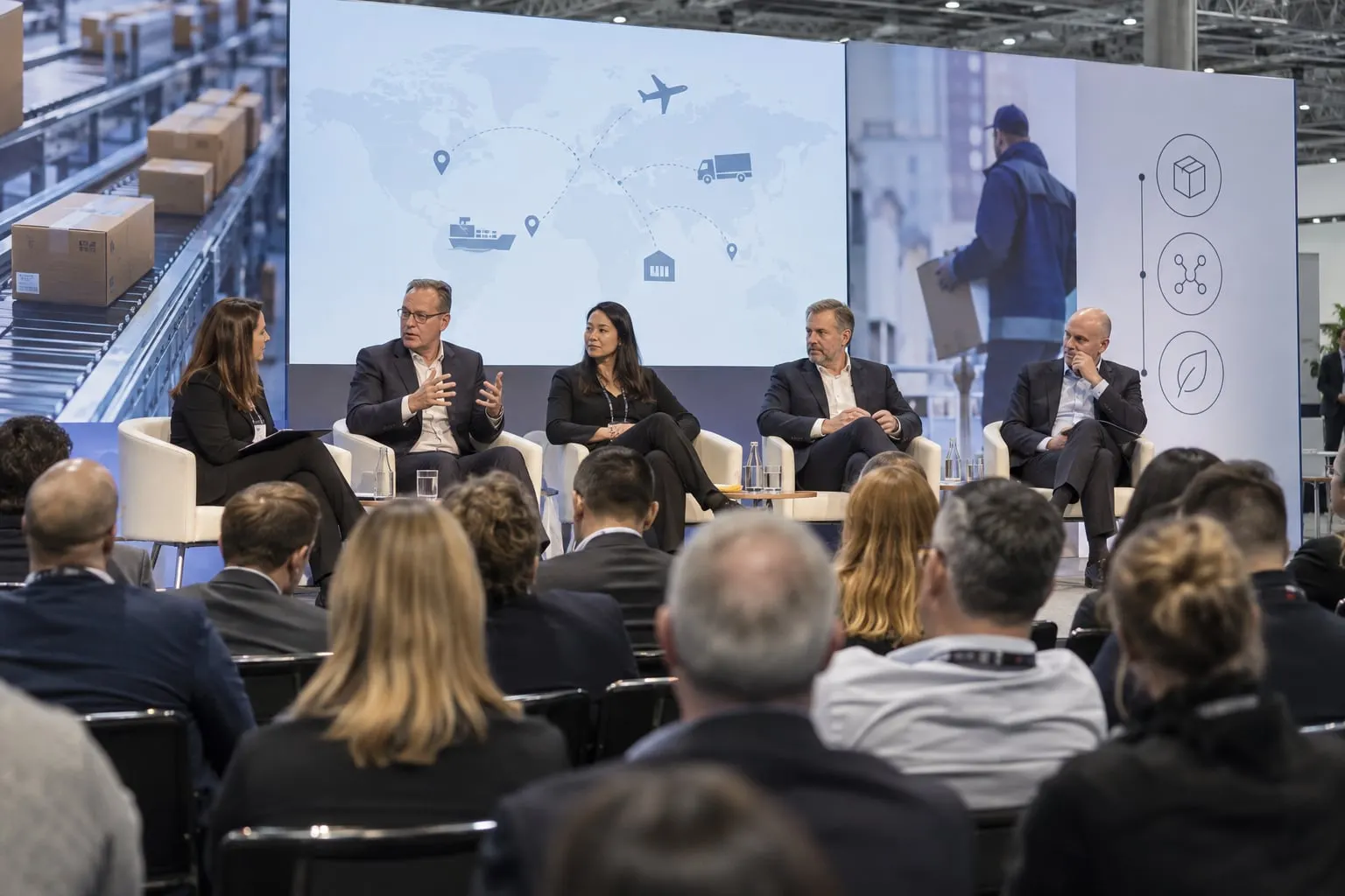 Illustrative postal and parcel leadership discussion at an exhibition theatre