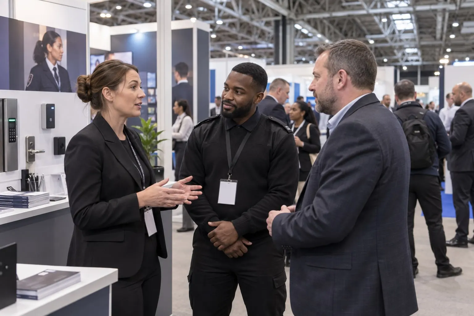 Illustrative guarding professionals discussing training and access control at a trade stand