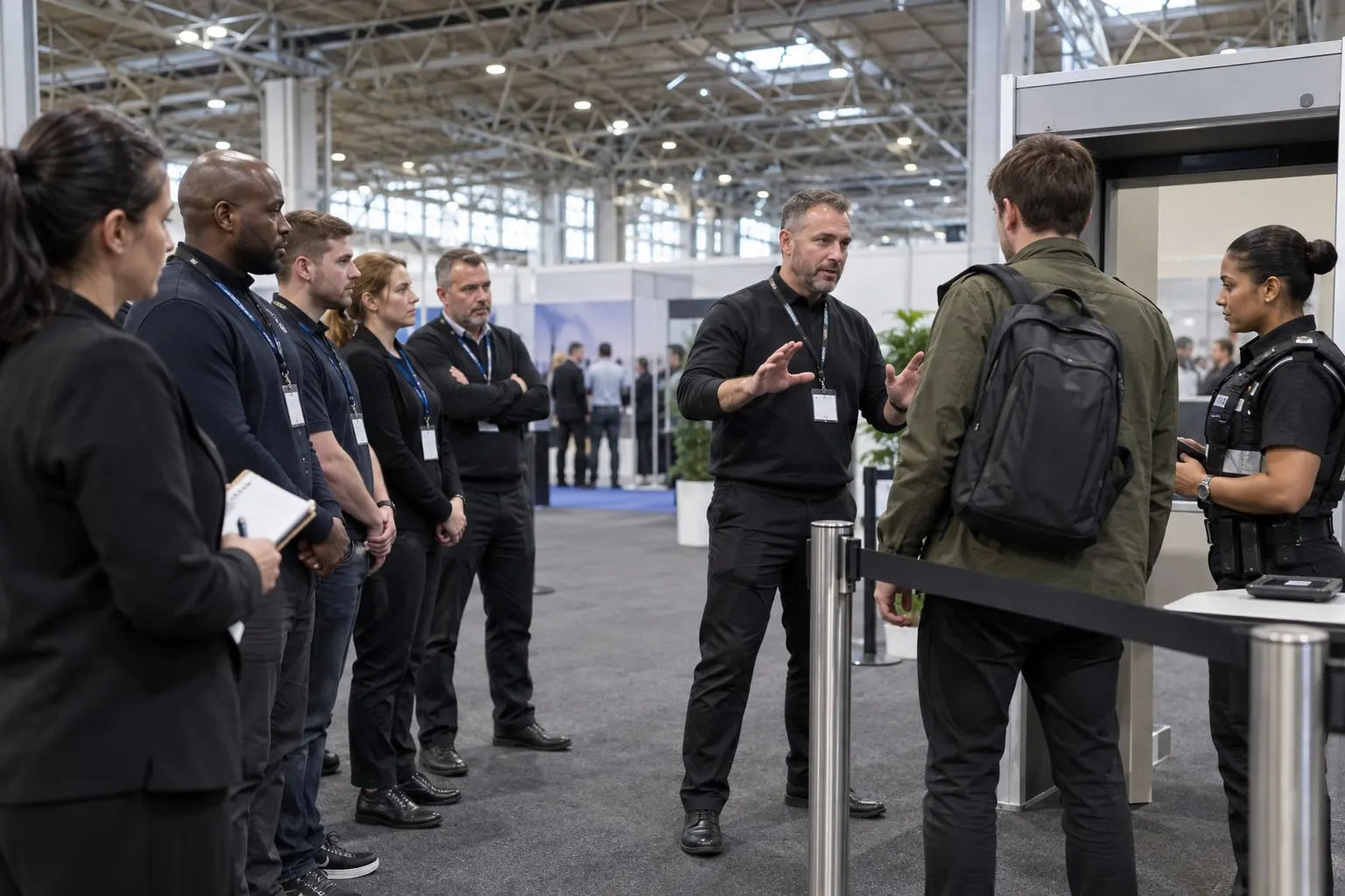 Illustrative security officer training demonstration at a mock venue entrance