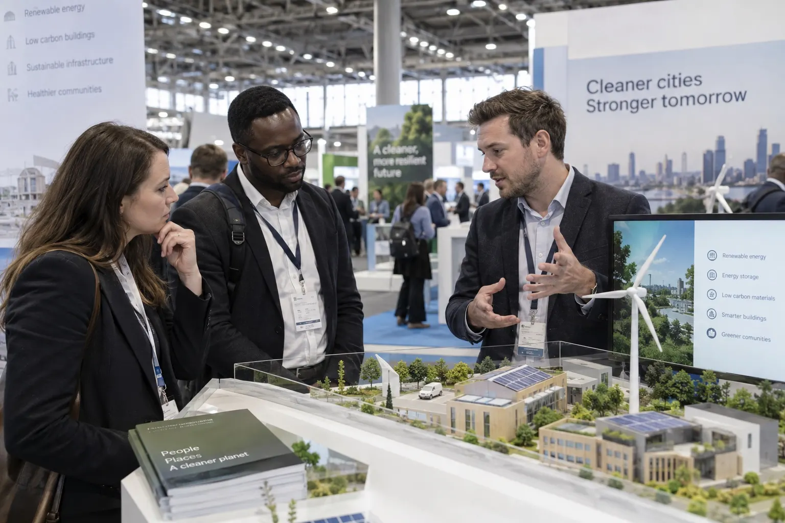 Illustrative low-carbon building and renewable energy model discussion at a trade stand