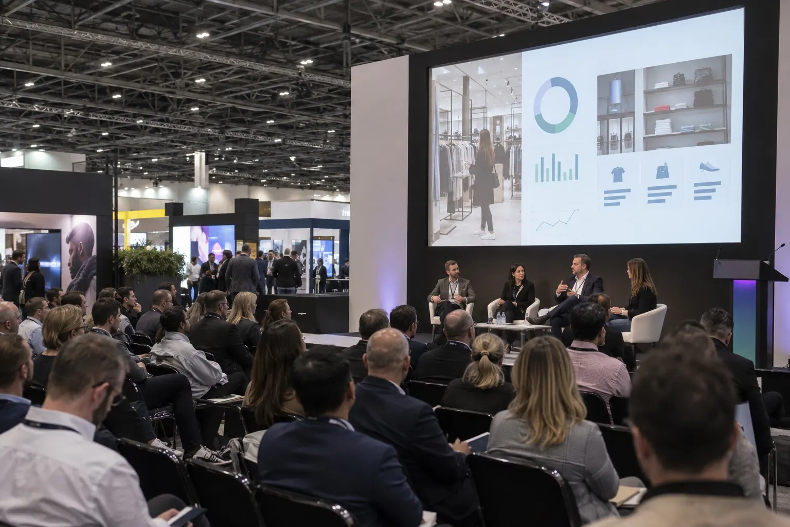 Illustrative retail operations panel discussion in an Excel-like exhibition theatre
